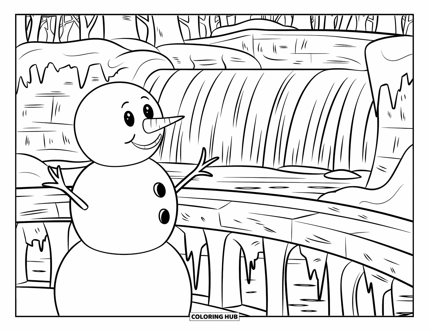 Kolorowanka z bałwanem dla dzieci: Radosny bałwan stoi na łukowym kamiennym moście, obserwując zamarznięty wodospad otoczony śniegiem