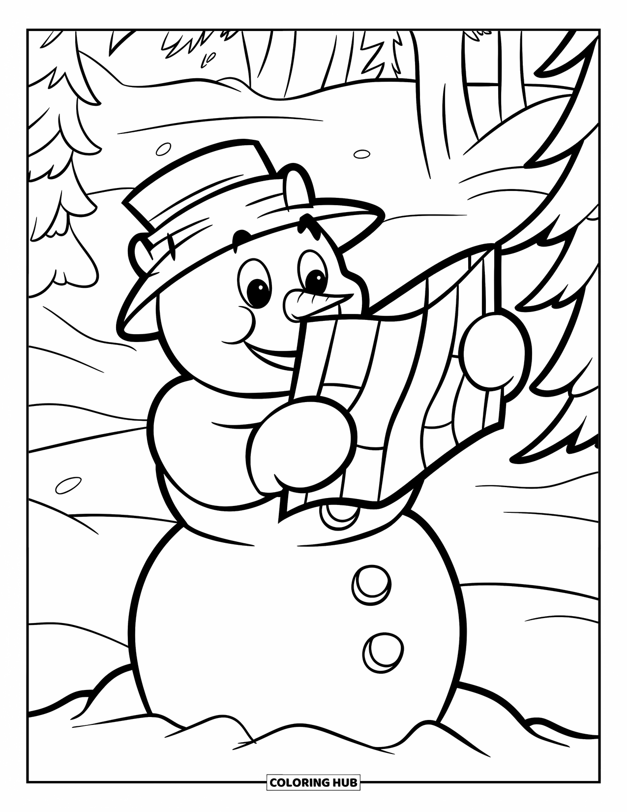 Kolorowanka z bałwanem dla dzieci: Wesoły bałwan studiuje małą mapę, stojąc na zaśnieżonym stosie, szukając ukrytego skarbu