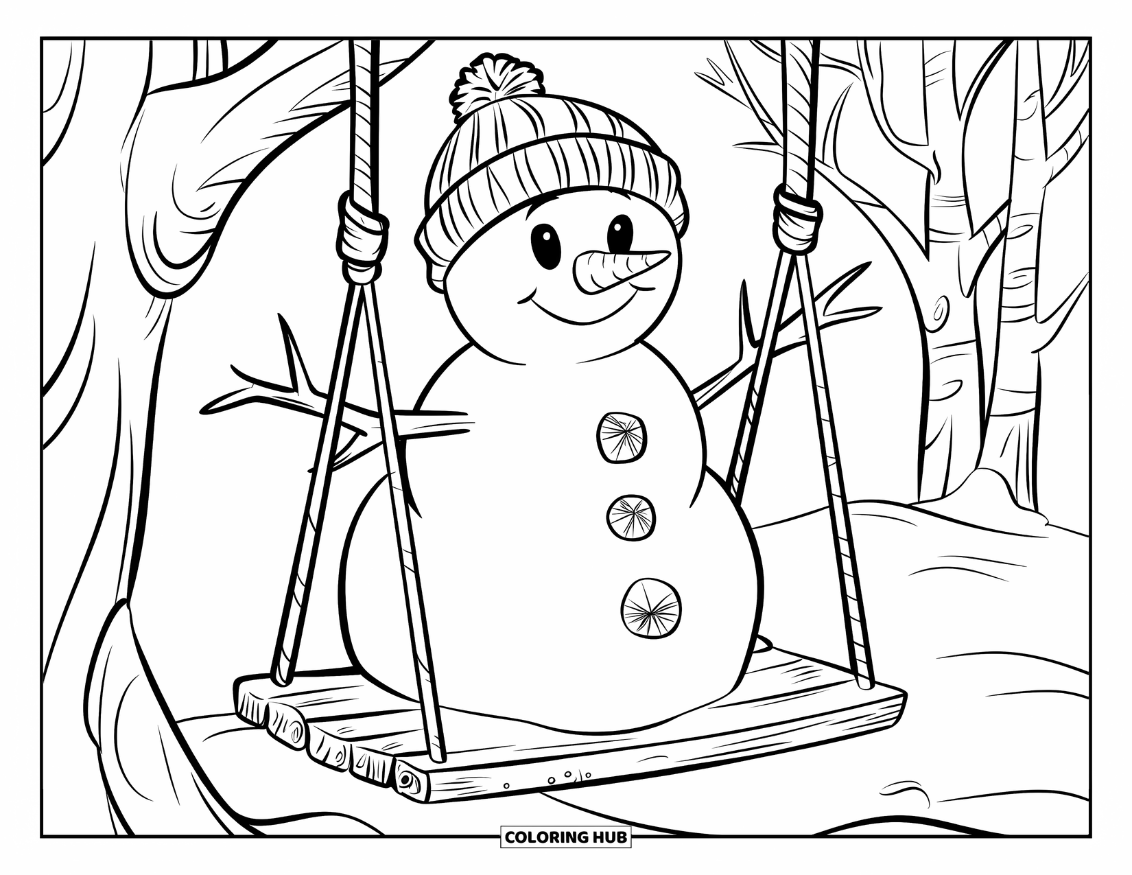 Kolorowanka z bałwanem dla dzieci: Radosny bałwan delikatnie huśta się na drewnianym siedzisku, przywiązanym do pokrytej śniegiem gałęzi drzewa