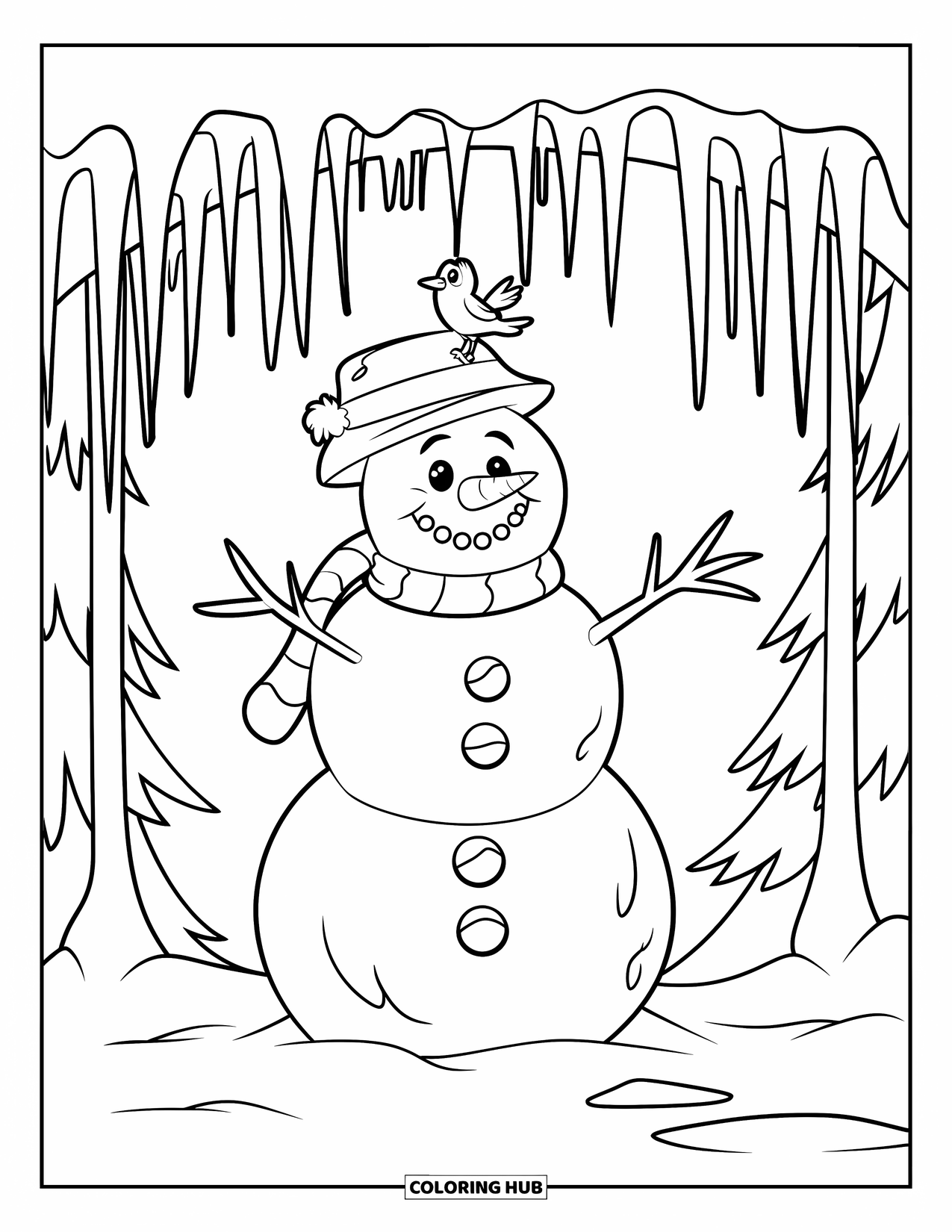 Kolorowanka z bałwanem dla dzieci: Wesoły bałwan wita małego ptaszka, który ląduje na jego kapeluszu pod błyszczącym łukiem z sopli lodu