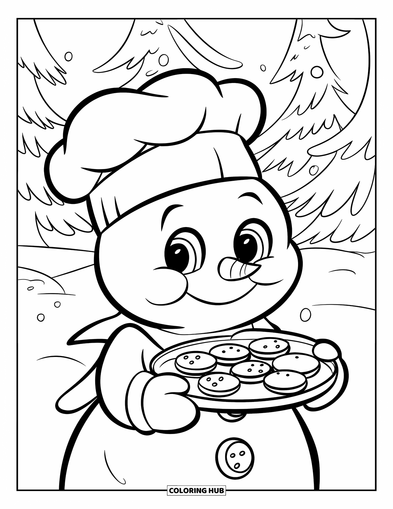 Kolorowanka z bałwanem dla dzieci: Radosny bałwan w czapce kucharskiej i z tacą ciasteczek uśmiecha się w zimowym lesie