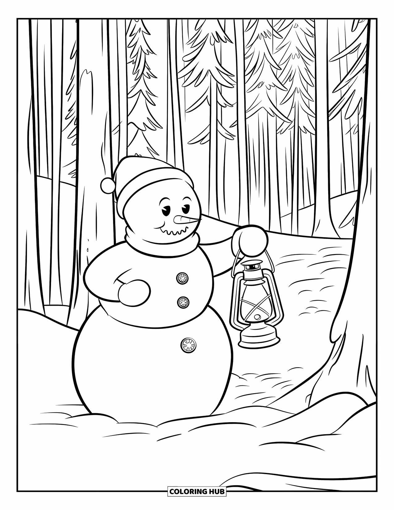 Kolorowanka z bałwanem dla dzieci: Wesoły bałwan z latarnią prowadzi drogę przez spokojny las wysokich drzew