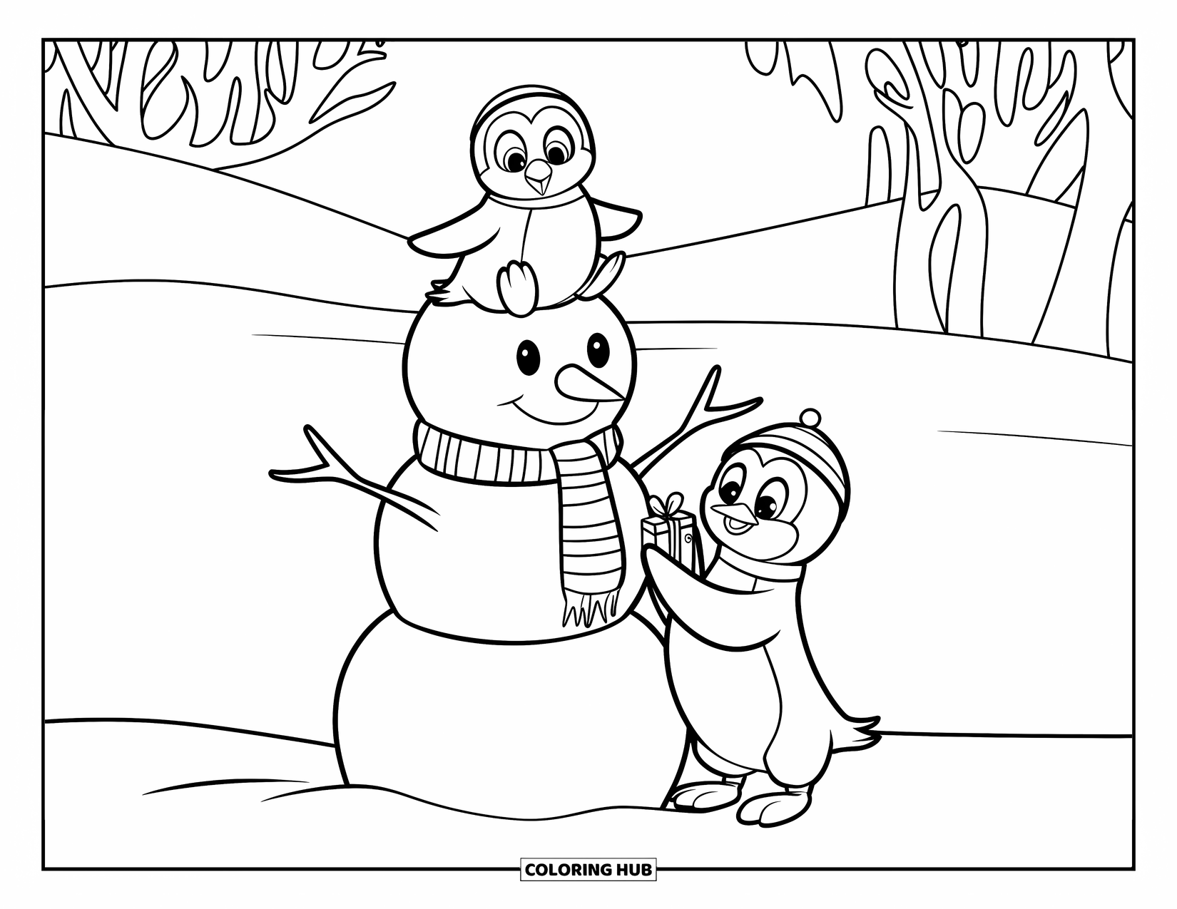 Kolorowanka z bałwanem dla dzieci: Radosny bałwan z pingwinem na głowie otrzymuje mały prezent od innego pingwina
