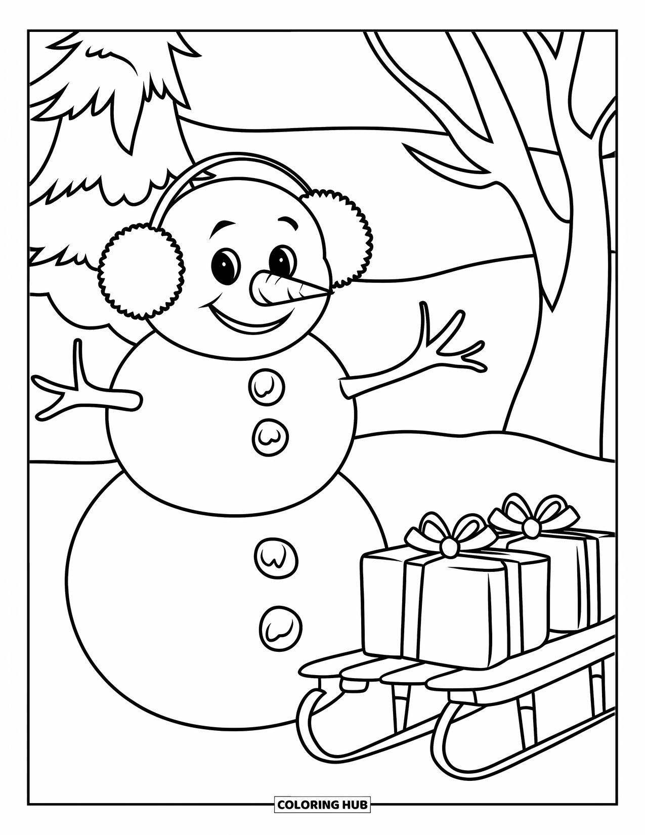 Kolorowanka z bałwanem dla dzieci: Radosny bałwan w nausznikach uśmiecha się obok sanek wypełnionych prezentami, otoczony ośnieżonymi drzewami