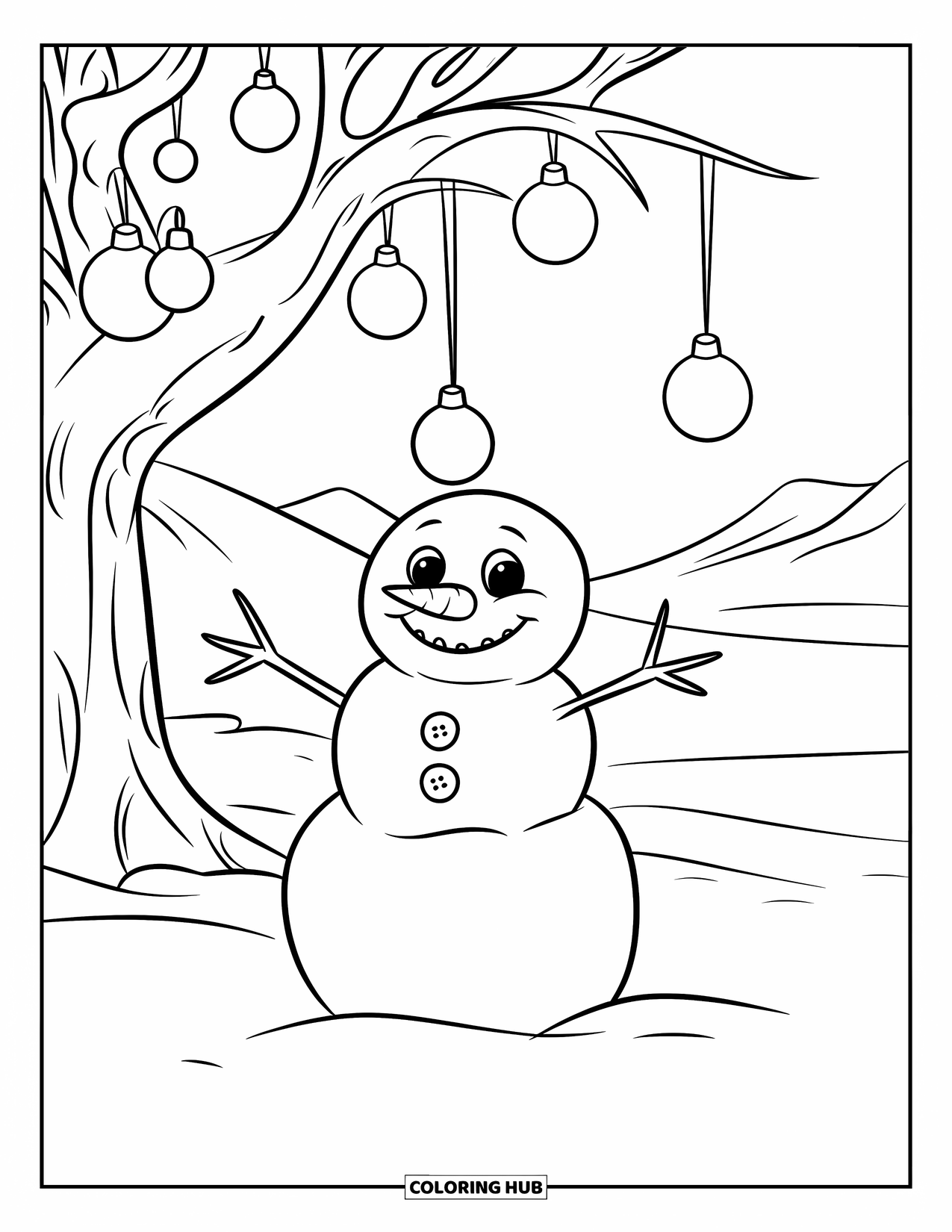 Kolorowanka z bałwanem dla dzieci: Wesoły bałwan z patykowymi ramionami stoi obok świątecznego drzewka ozdobionego ozdobami i lśniącą gwiazdą
