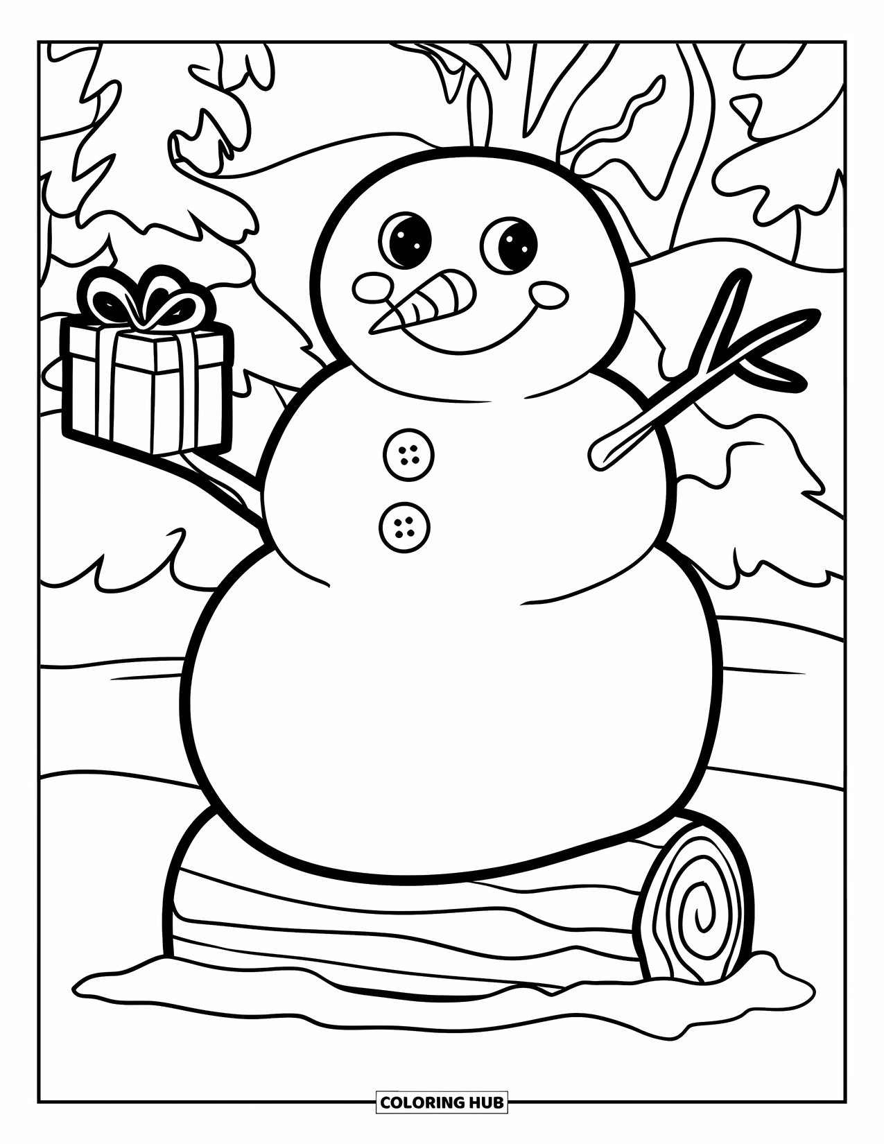 Kolorowanka z bałwanem dla dzieci: Pulchny bałwan siedzi na kłodzie, trzymając w jednej ręce mały zapakowany prezent z radosnym uśmiechem
