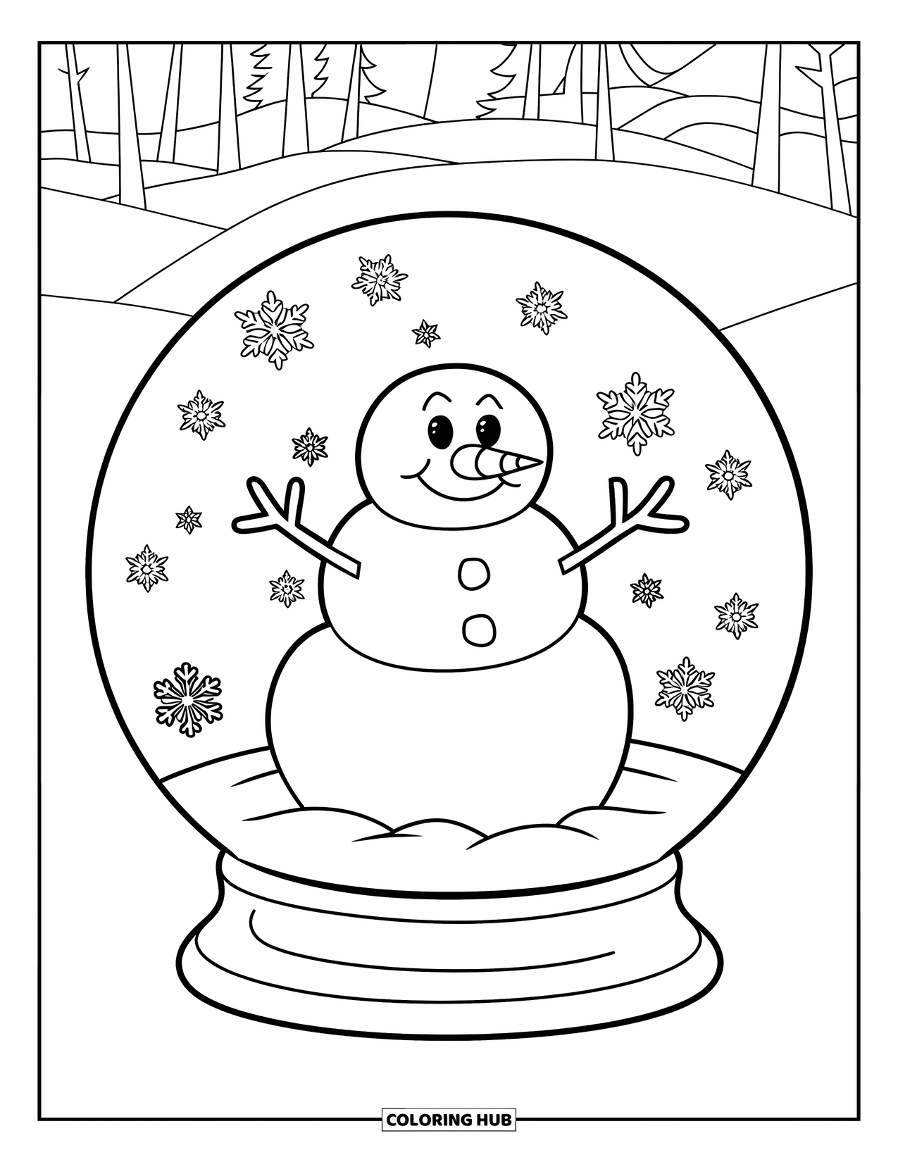 Kolorowanka z bałwanem dla dzieci: Pulchny bałwan z krótkimi ramionami siedzi wewnątrz śnieżnej kuli, otoczony spokojną zimową scenerią