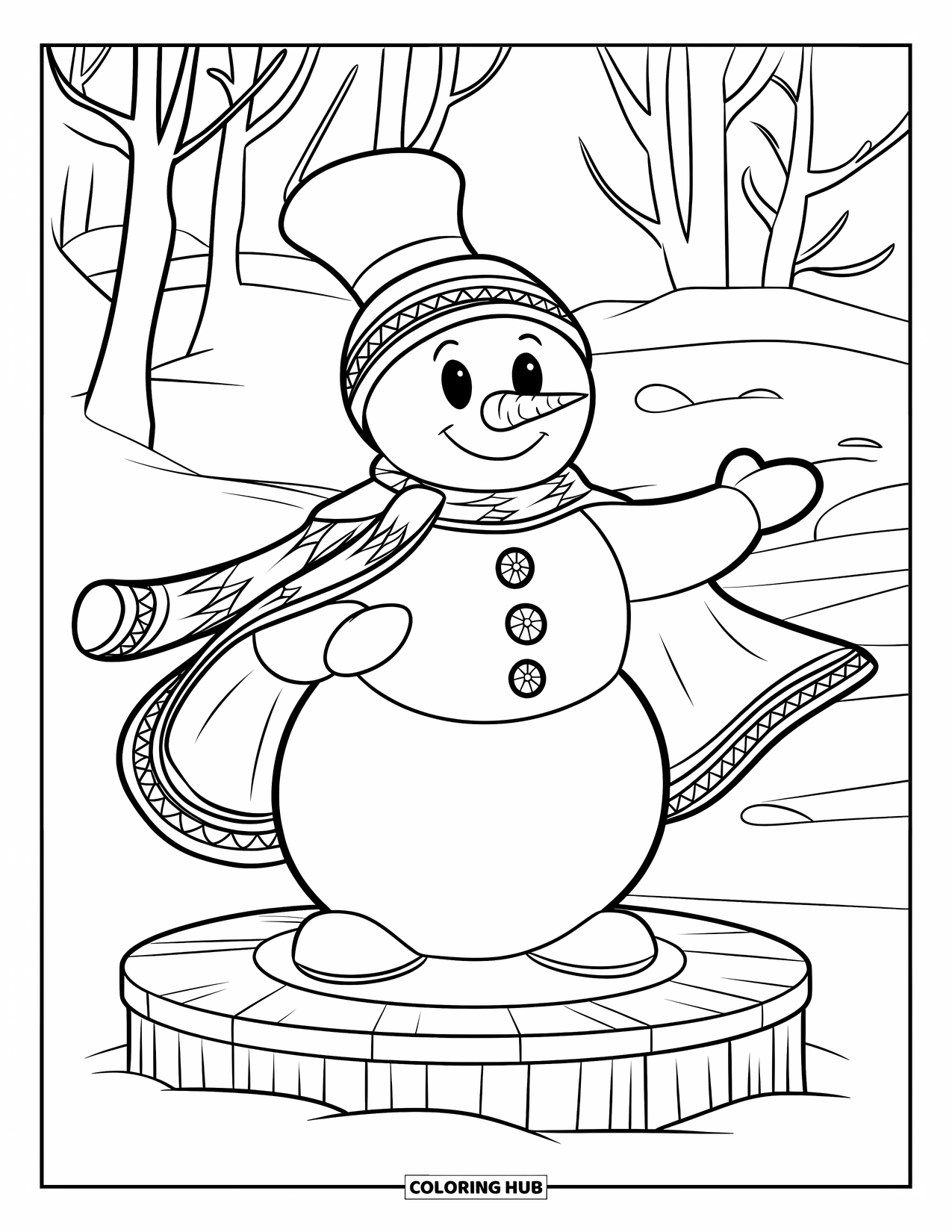 Kolorowanka z bałwanem dla dzieci: Pewny siebie bałwan w ozdobionej pelerynie stoi na drewnianej scenie, występując w zaśnieżonym krajobrazie