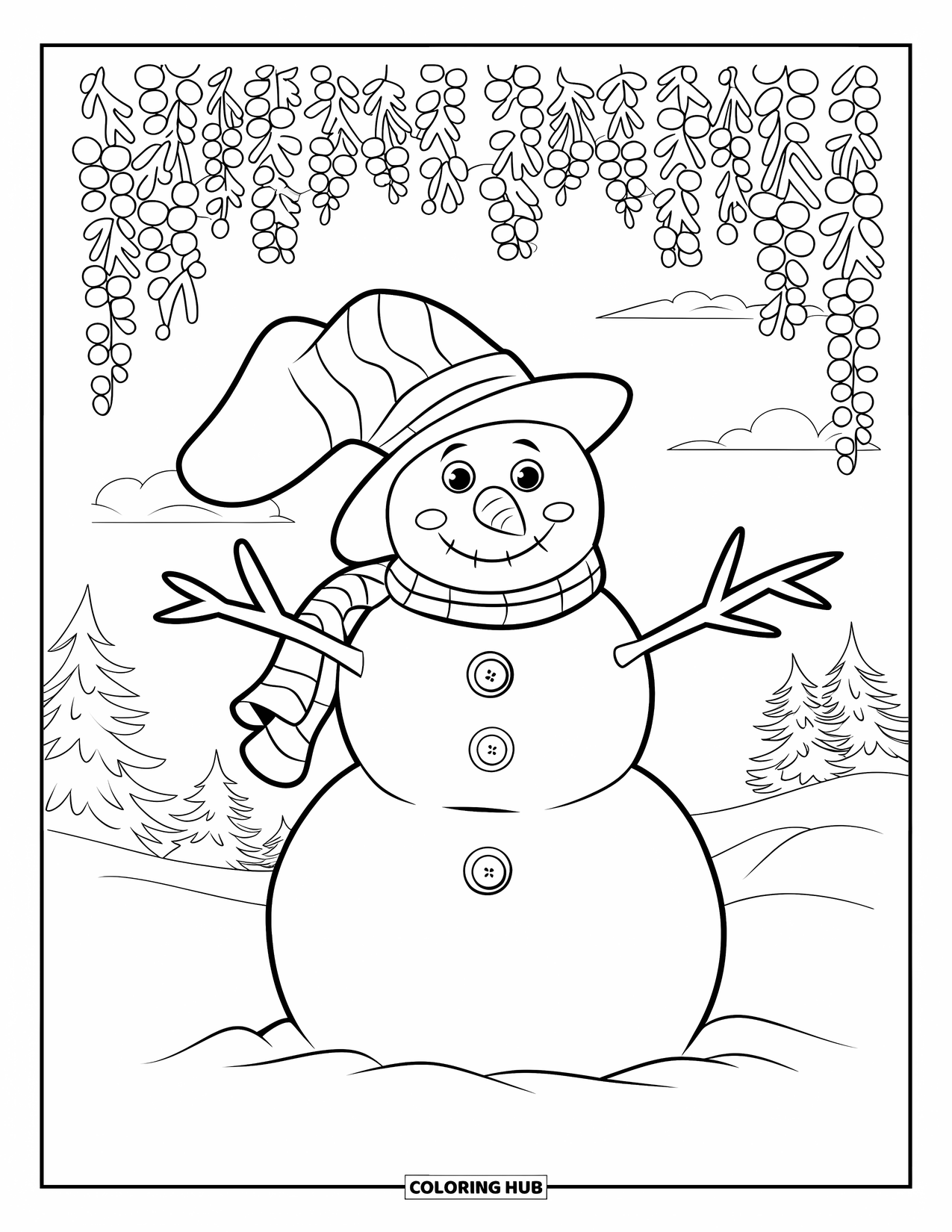 Kolorowanka z bałwanem dla dzieci: Przytulny bałwan w miękkim kapeluszu stoi pod łukiem z jagód, z drzewami i chmurami w tle