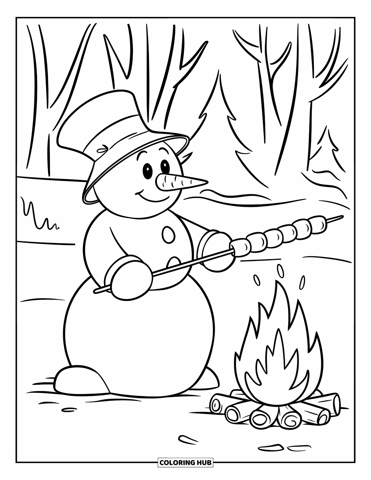 Kolorowanka z bałwanem dla dzieci: Przytulny bałwan w czapce piecze pianki nad ogniskiem, otoczony drzewami w śniegu