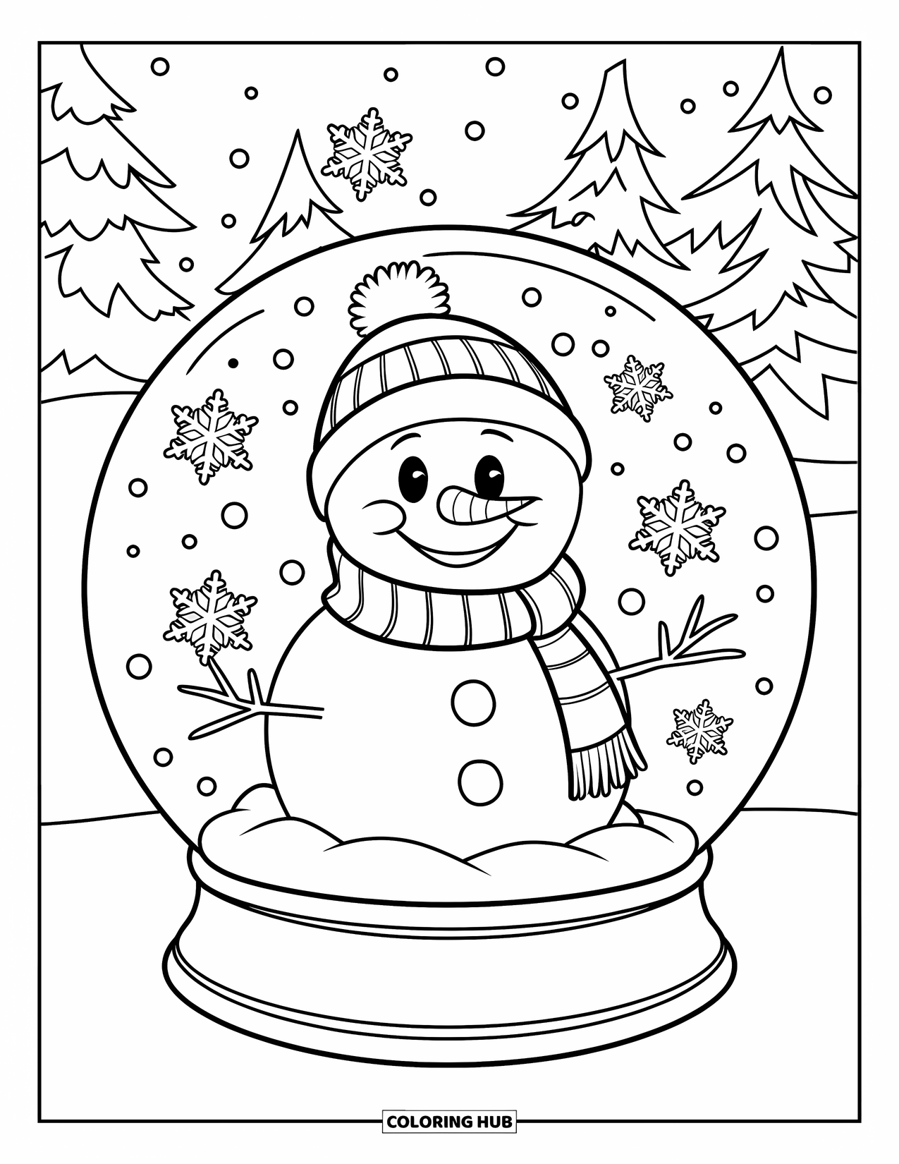 Kolorowanka z bałwanem dla dzieci: Przytulny bałwan w śnieżnej kuli uśmiecha się, a wokół niego unoszą się płatki śniegu, w tle drzewa