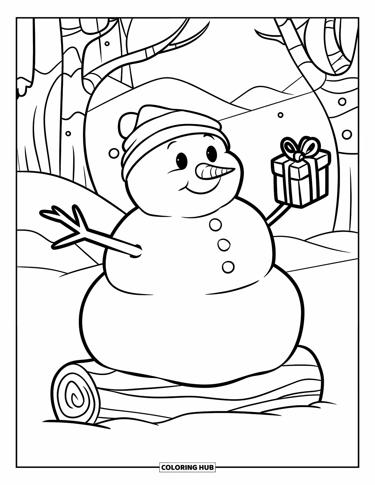 Kolorowanka z bałwanem dla dzieci: Przytulny bałwan w zimowej czapce trzyma mały prezent, siedząc na kłodzie z górami w tle