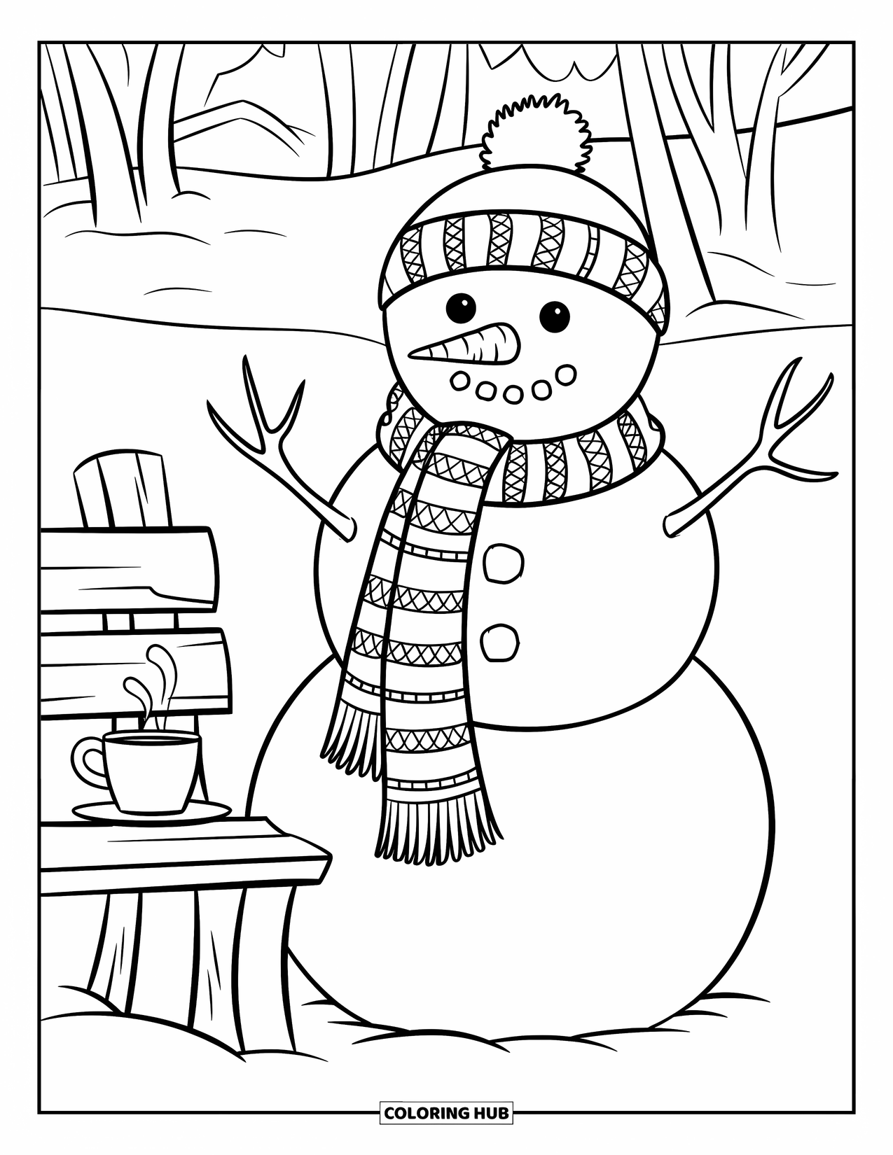Kolorowanka z bałwanem dla dzieci: Przytulny bałwan w szaliku stoi obok drewnianej ławki, na której paruje ciepły napój w chłodzie