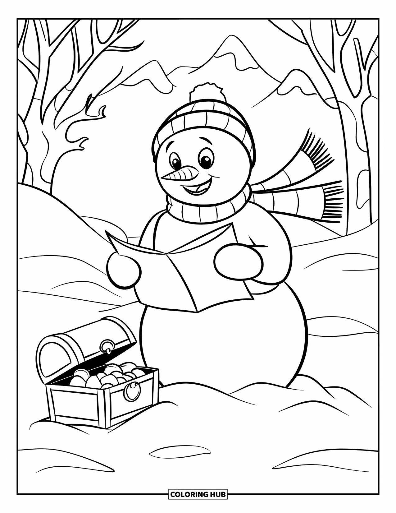Kolorowanka z bałwanem dla dzieci: Ciekawski bałwan z mapą stoi obok skrzyni skarbów, otoczony drzewami i górami