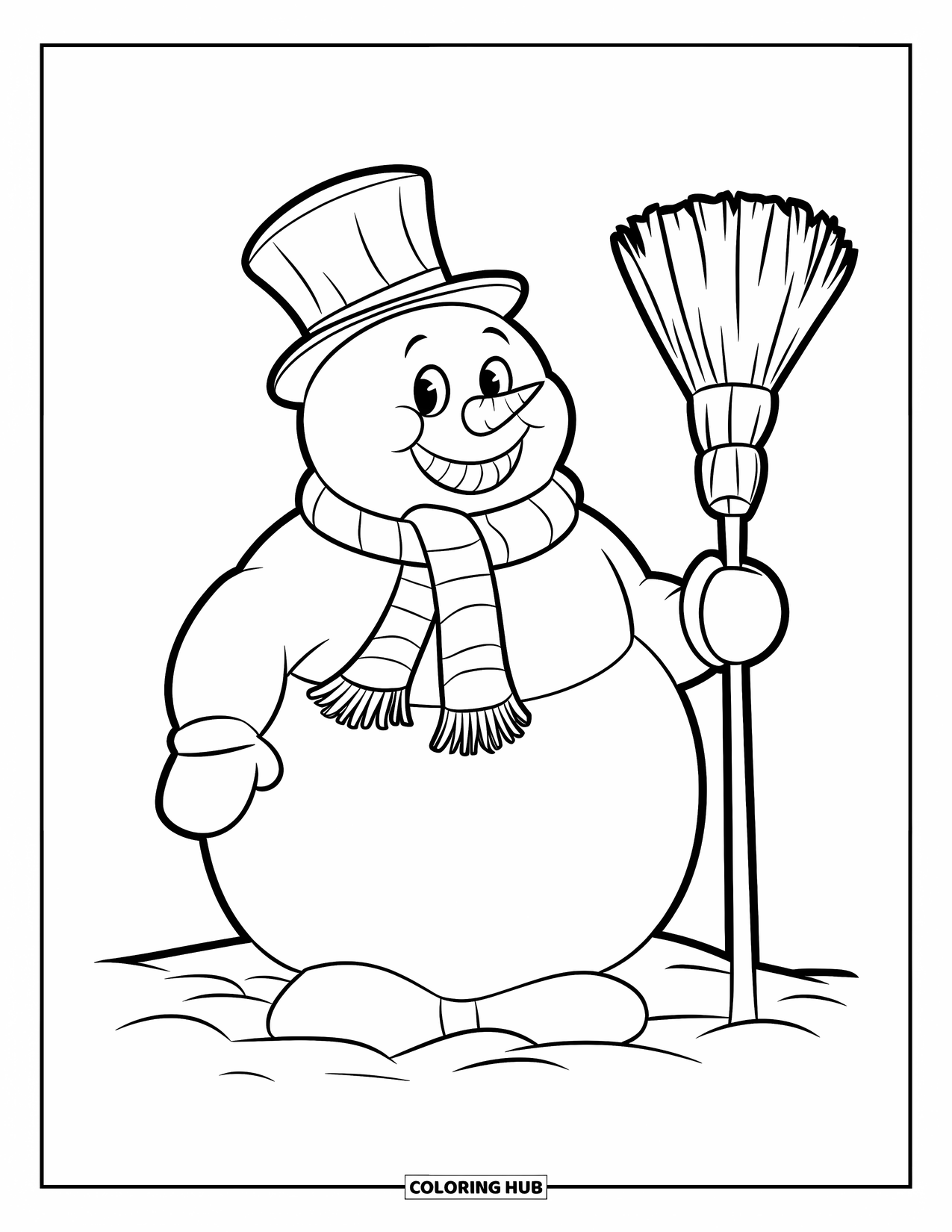 Kolorowanka z bałwanem dla dzieci: Przyjazny bałwan w cylindrze i szaliku stoi na ośnieżonej ziemi, trzymając miotłę w jednej ręce