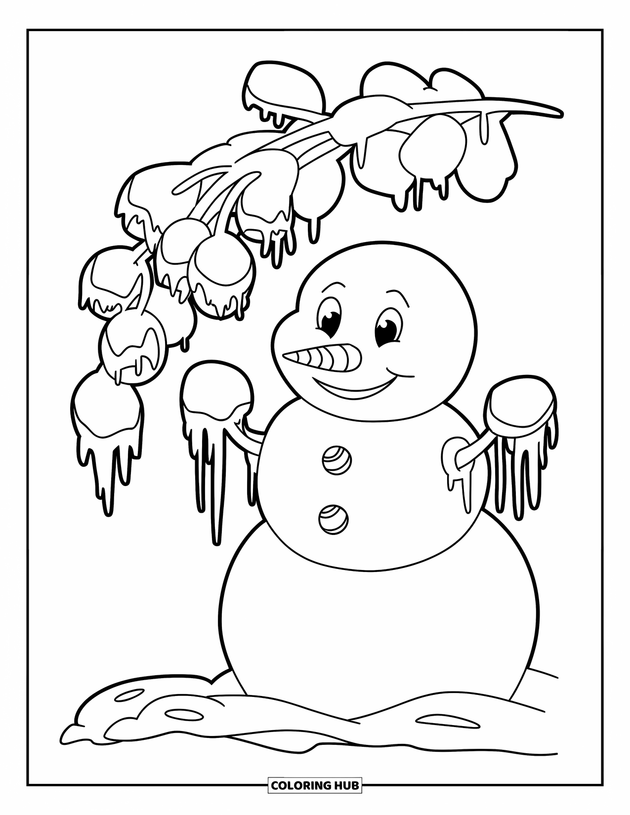 Kolorowanka z bałwanem dla dzieci: Zmrożony bałwan z soplami na ramionach stoi obok kępy zimowych jagód pokrytych szronem