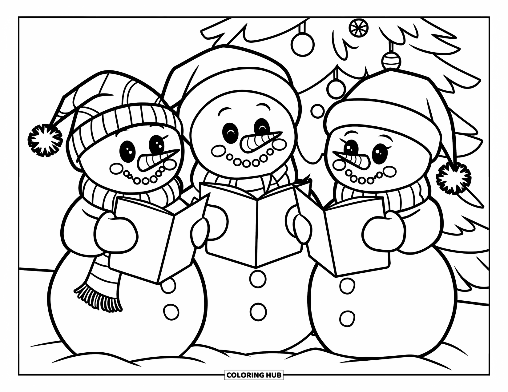 Kolorowanka z bałwanem dla dzieci: Grupa radosnych bałwanów śpiewa kolędy obok udekorowanego drzewka, otuleni w czapki i szaliki