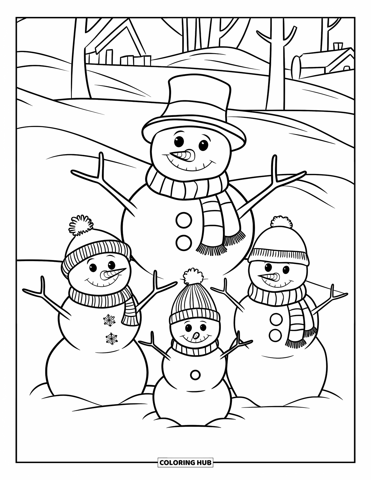 Kolorowanka z bałwanem dla dzieci: Grupa trzech bałwanów, każdy w przytulnym zimowym stroju, stoi na zaśnieżonym polu z drzewami w tle