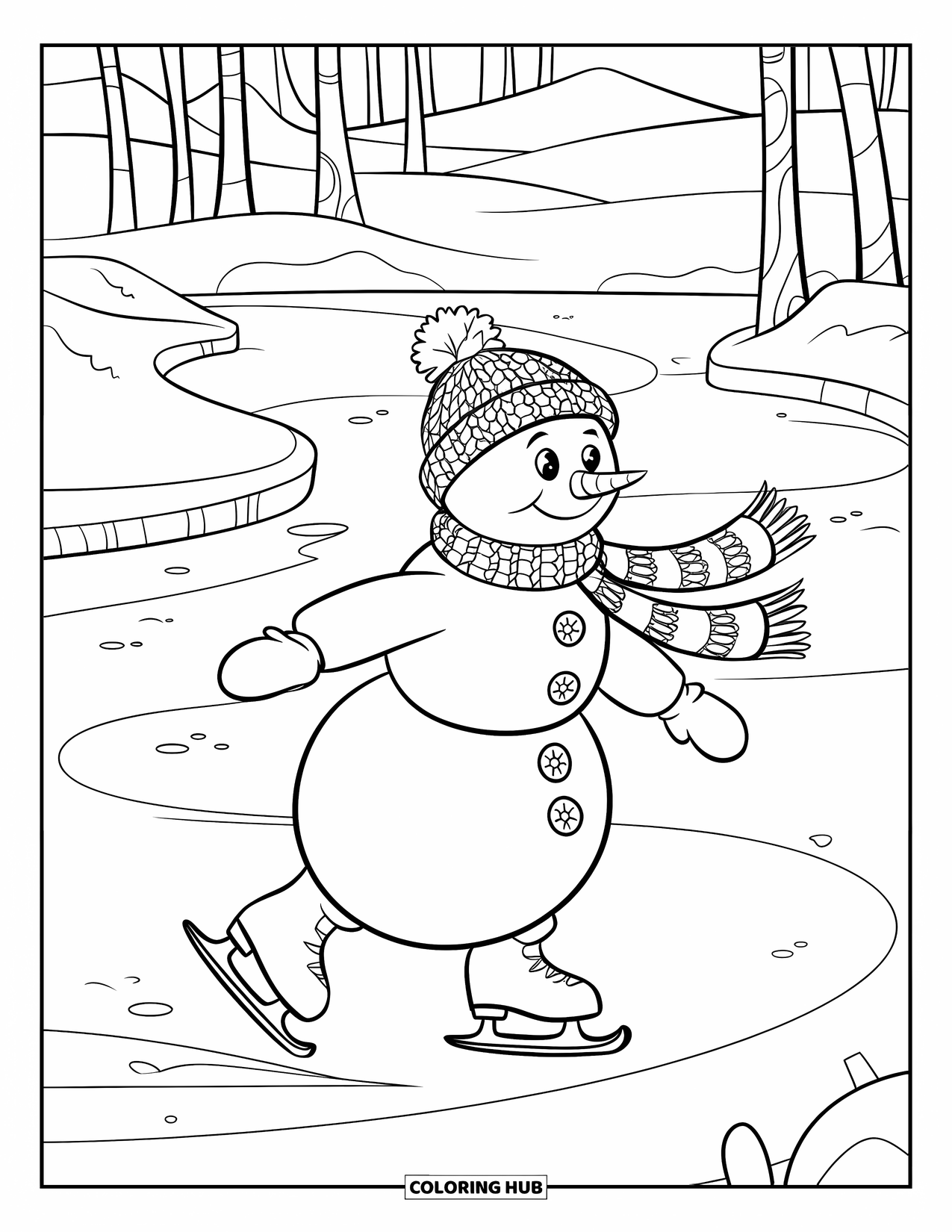Kolorowanka z bałwanem dla dzieci: Szczęśliwy bałwan w czapce i szaliku wiruje na lodzie, otoczony ośnieżonymi drzewami i górami