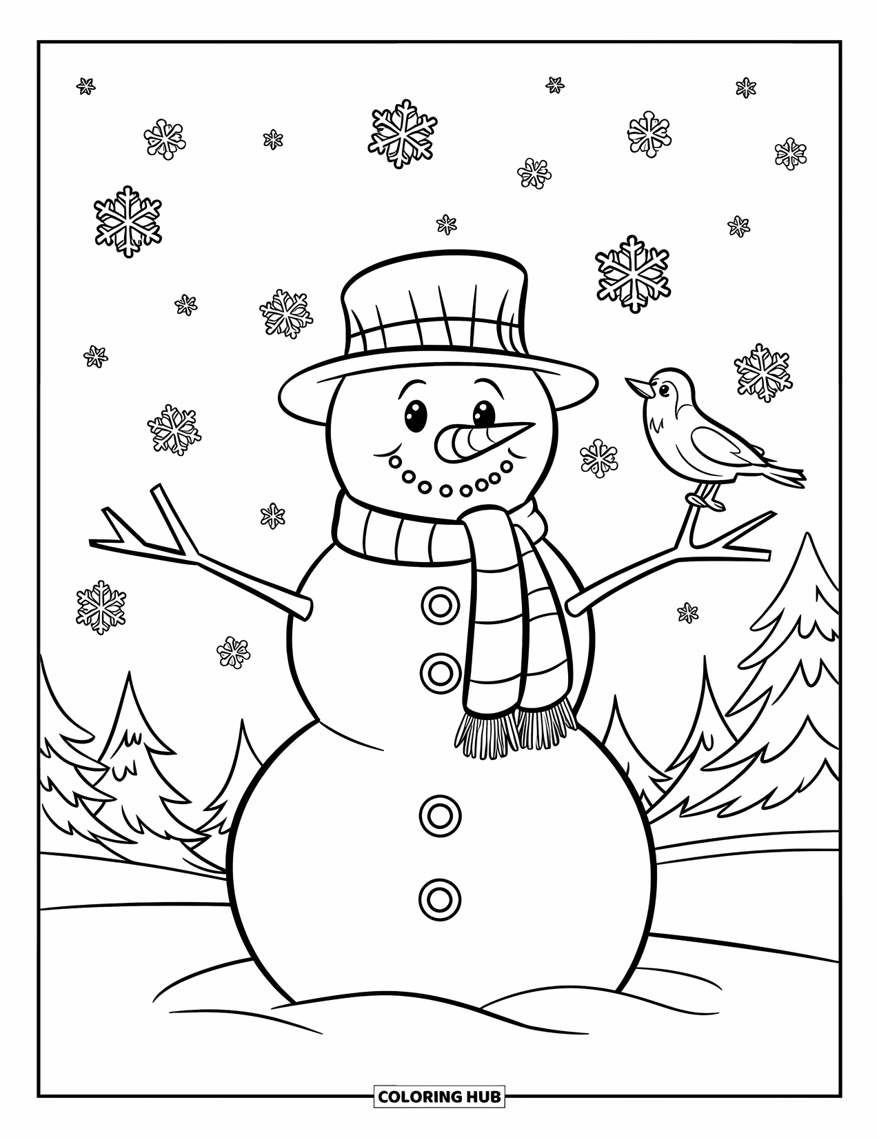 Kolorowanka z bałwanem dla dzieci: Radosny bałwan w przytulnym szaliku stoi na śniegu, a na jego ramieniu siedzi mały ptaszek