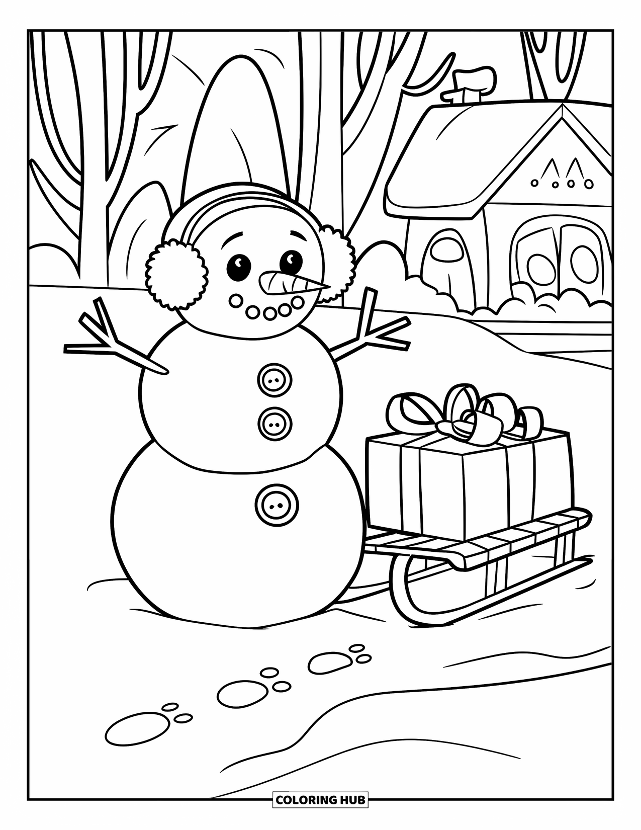 Kolorowanka z bałwanem dla dzieci: Radosny bałwan w nausznikach stoi obok sanek pełnych prezentów, z przytulnym domem w tle