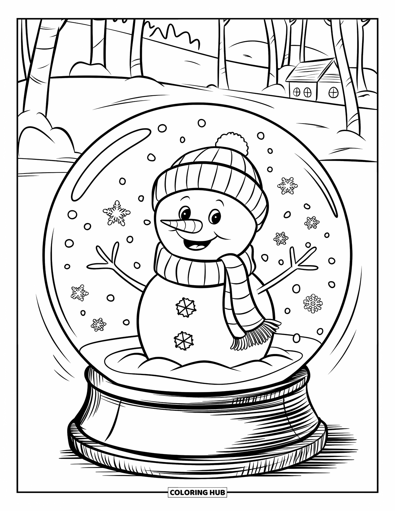 Kolorowanka z bałwanem dla dzieci: Szczęśliwy bałwan wewnątrz śnieżnej kuli stoi na drewnianej podstawie, otoczony śnieżnym krajobrazem