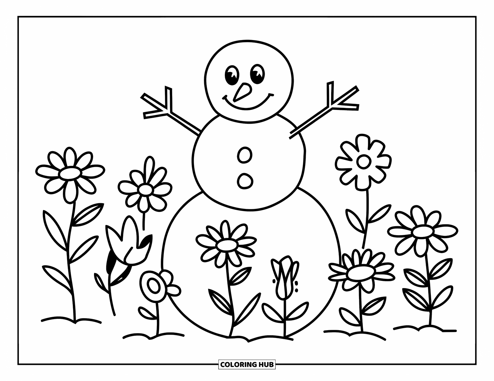 Kolorowanka z bałwanem dla dzieci: Radosny bałwan podnosi ręce, otoczony kwiatami z zakrzywionymi łodygami i delikatnymi płatkami