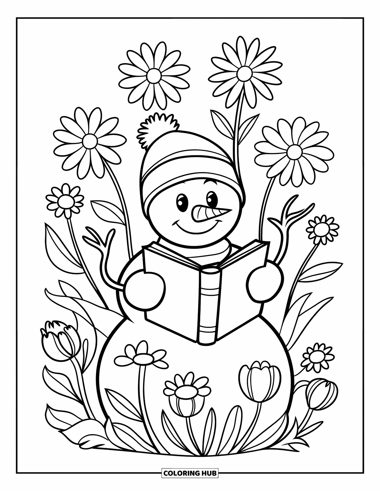 Kolorowanka z bałwanem dla dzieci: Szczęśliwy bałwan czyta książkę wśród kwitnących zimowych kwiatów w spokojnym otoczeniu