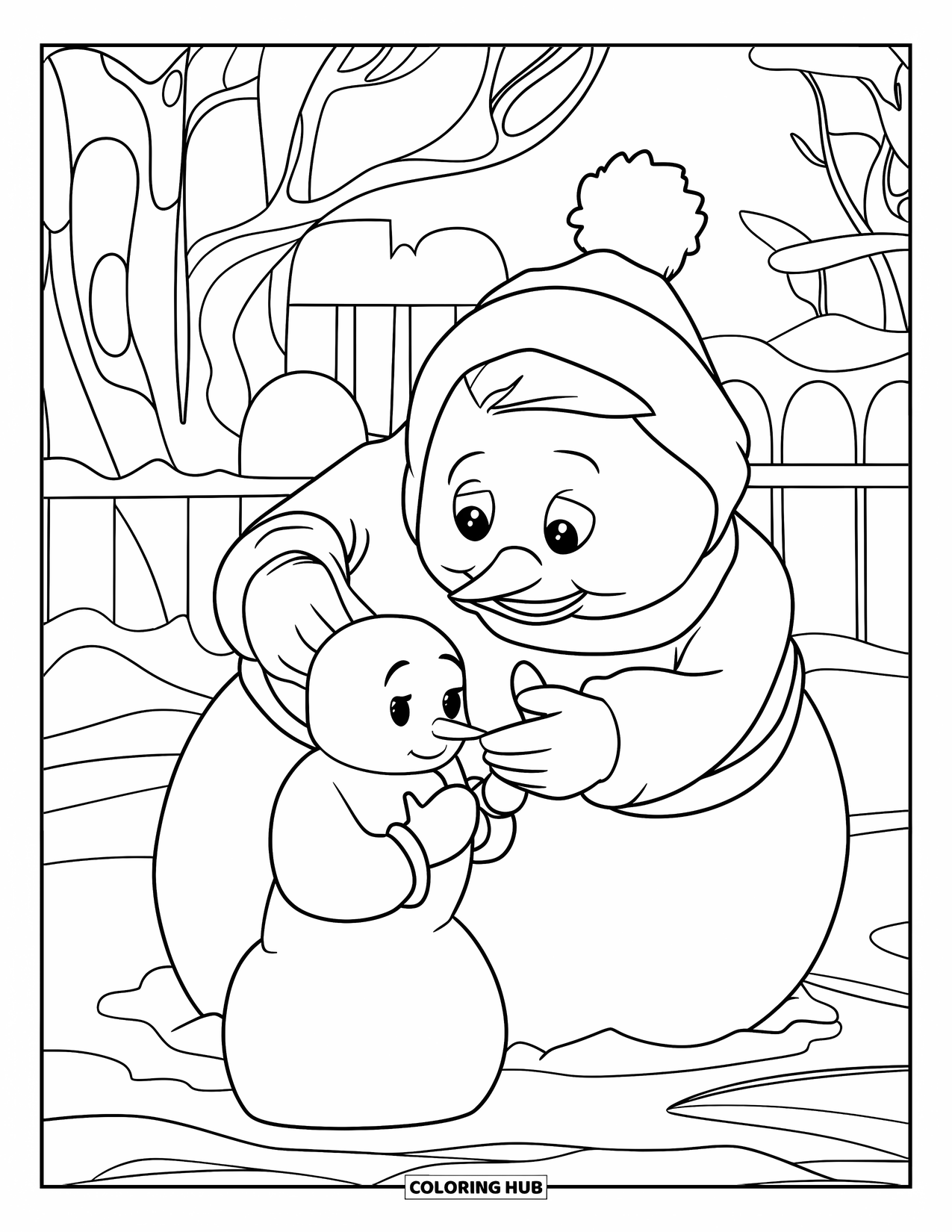 Kolorowanka z bałwanem dla dzieci: Szczęśliwy bałwan kształtuje obok siebie małą śnieżną figurkę, z drzewami i płotem w tle