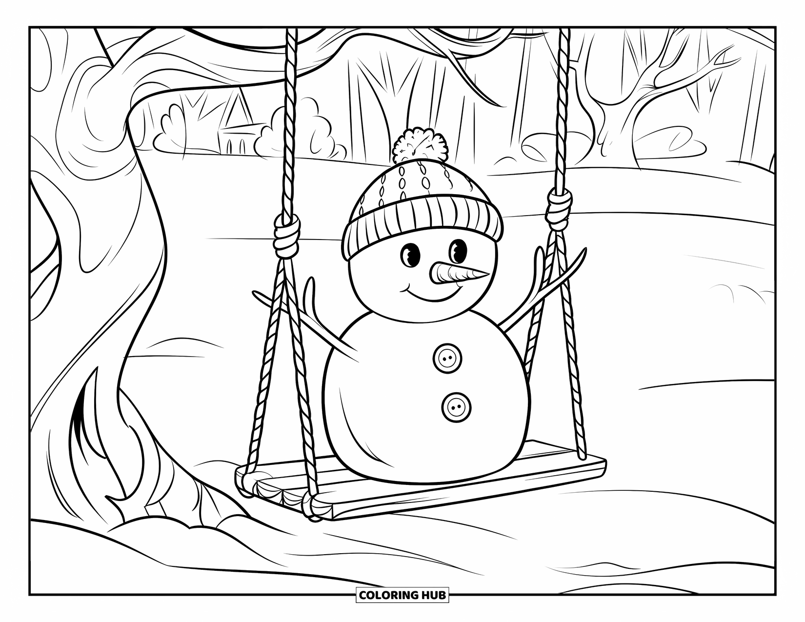 Kolorowanka z bałwanem dla dzieci: Szczęśliwy bałwan siedzi na drewnianej huśtawce, kołysząc się delikatnie ze starego drzewa z poskręcanymi gałęziami