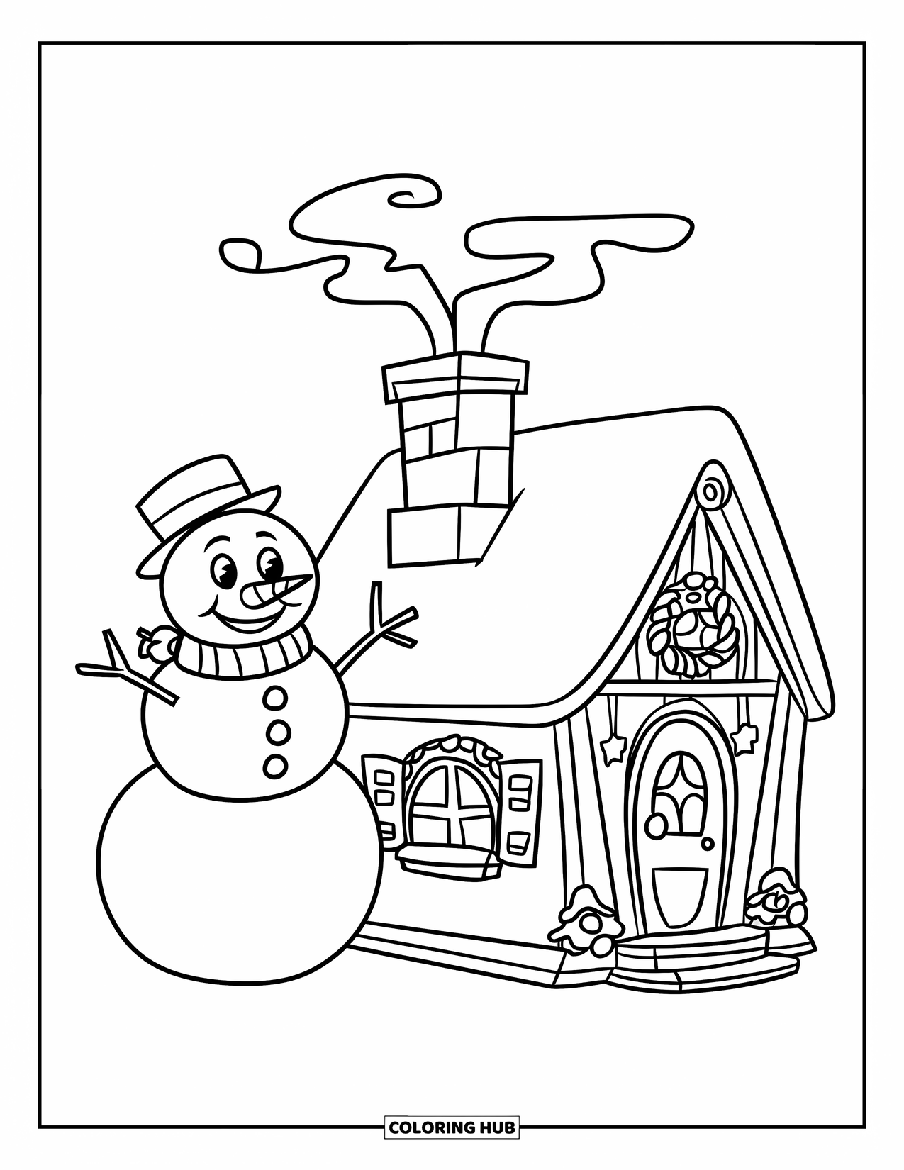 Kolorowanka z bałwanem dla dzieci: Szczęśliwy bałwan macha obok małego, udekorowanego domu, z którego komina unosi się dym