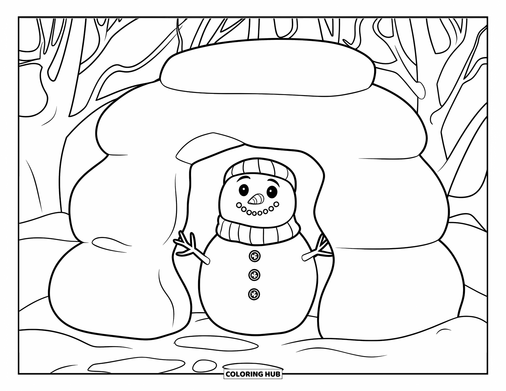 Kolorowanka z bałwanem dla dzieci: Radosny bałwan w zapinanym płaszczu stoi w śnieżnym forcie, z drzewami i zaśnieżoną ścieżką w pobliżu
