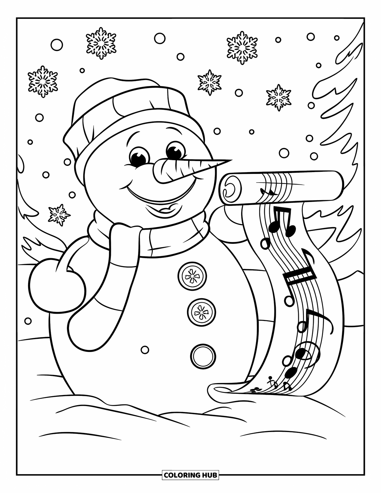 Kolorowanka z bałwanem dla dzieci: Szczęśliwy bałwan z marchewkowym nosem i guzikowymi oczami trzyma zwój nut muzycznych w śniegu