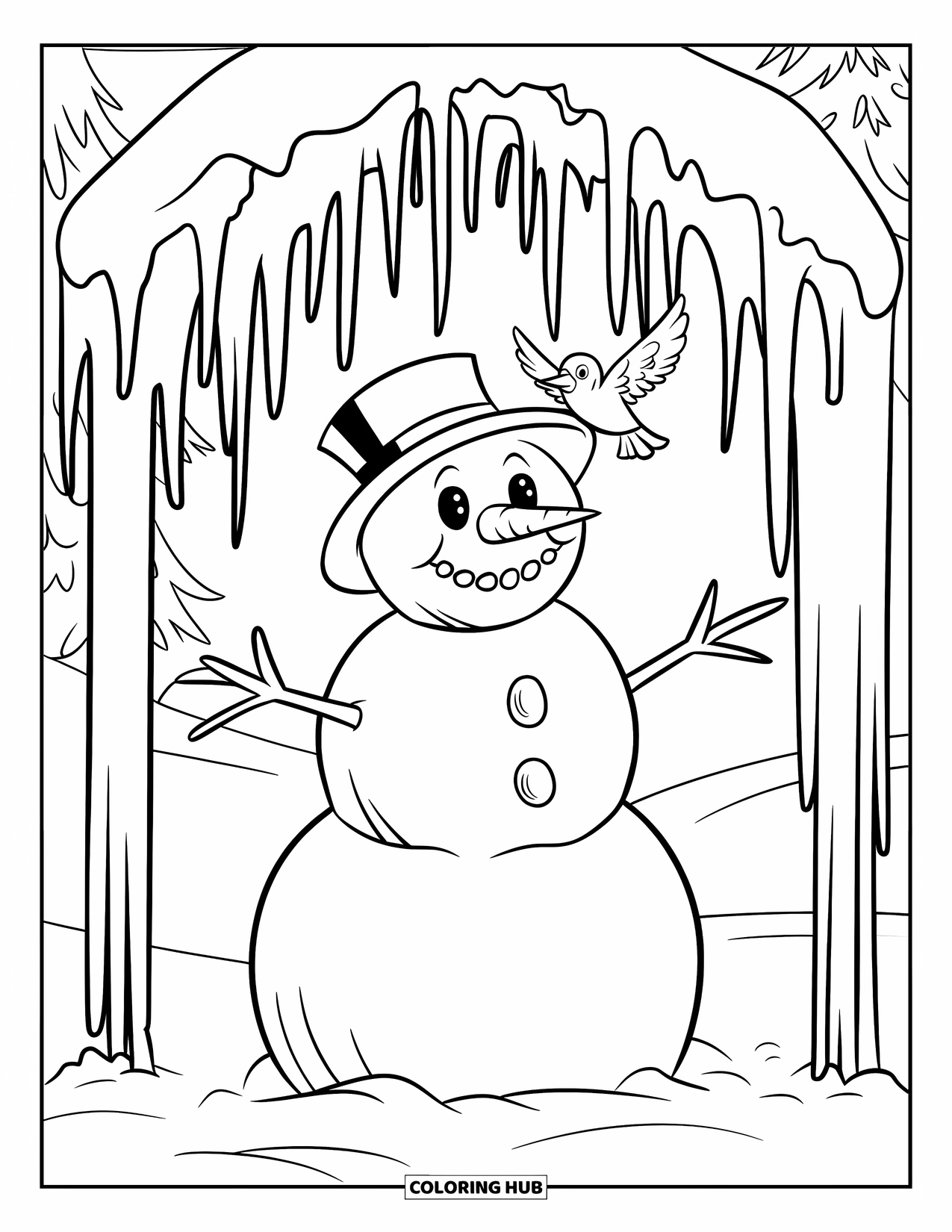 Kolorowanka z bałwanem dla dzieci: Radosny bałwan z marchewkowym nosem stoi pod soplami lodu, uśmiechając się, gdy mały ptaszek ląduje na jego kapeluszu