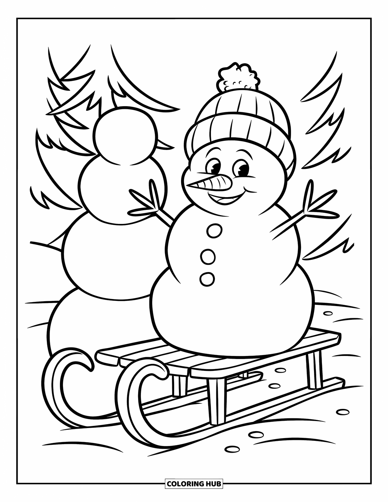 Kolorowanka z bałwanem dla dzieci: Radosny bałwan z figlarnym uśmiechem siedzi na drewnianych sankach, z stertą kul śnieżnych w pobliżu