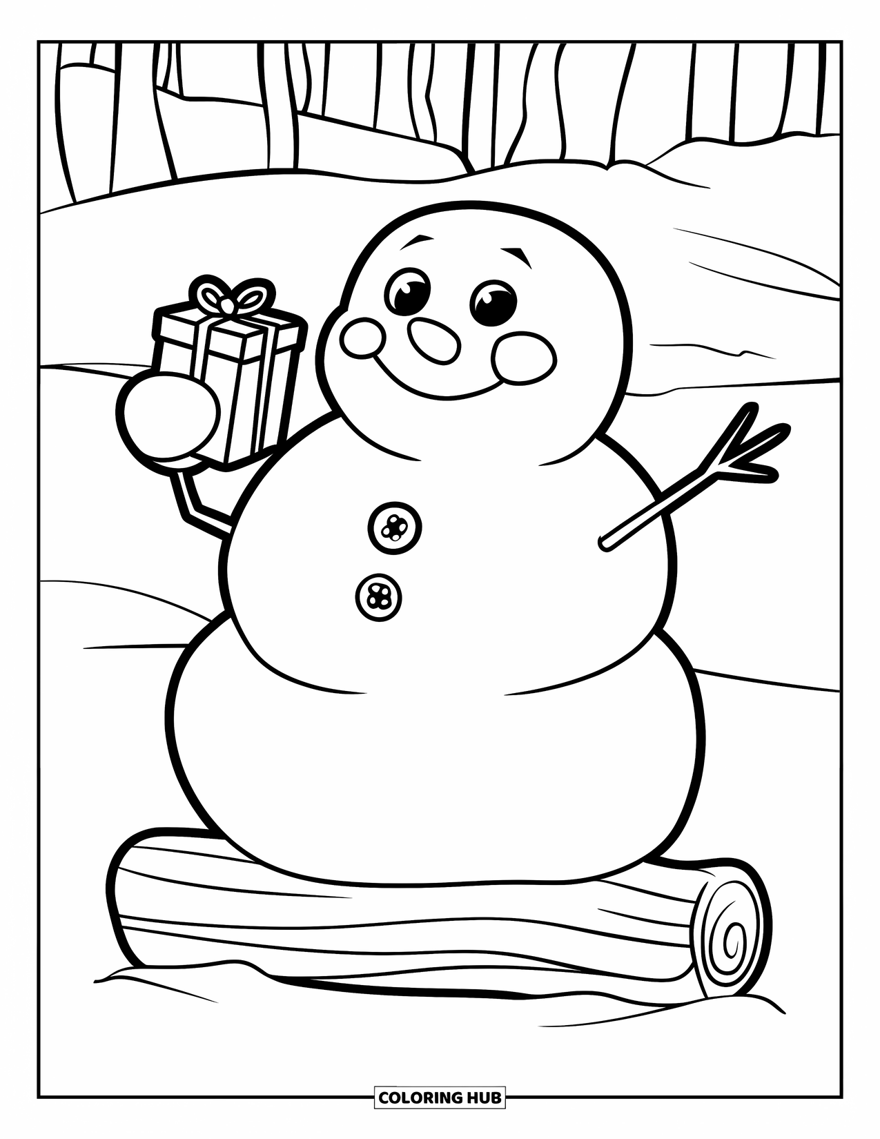 Kolorowanka z bałwanem dla dzieci: Radosny bałwan z maleńkim prezentem siedzi na kłodzie, ciesząc się spokojnym, zaśnieżonym krajobrazem