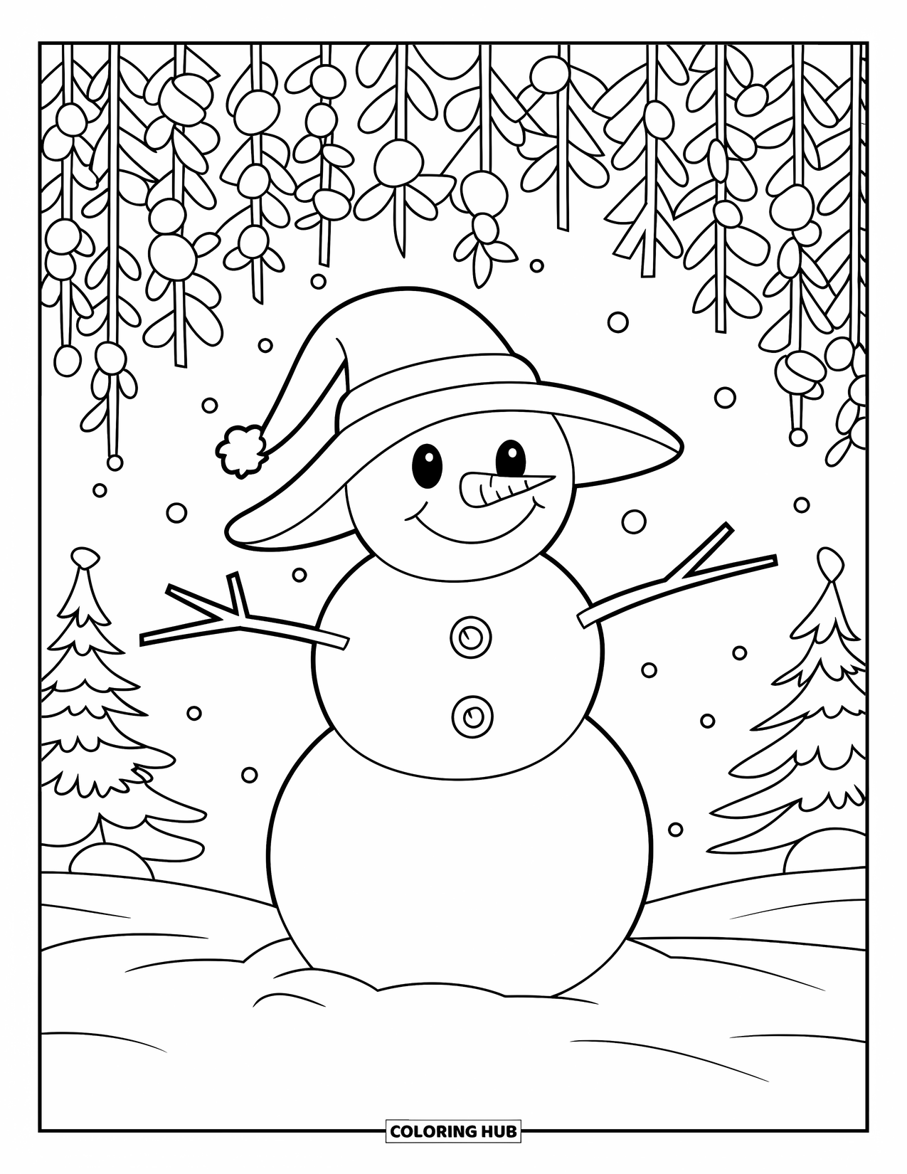 Kolorowanka z bałwanem dla dzieci: Radosny bałwan z guzikowymi oczami i marchewkowym nosem stoi pod zimowymi jagodami, otoczony zaśnieżonymi drzewami