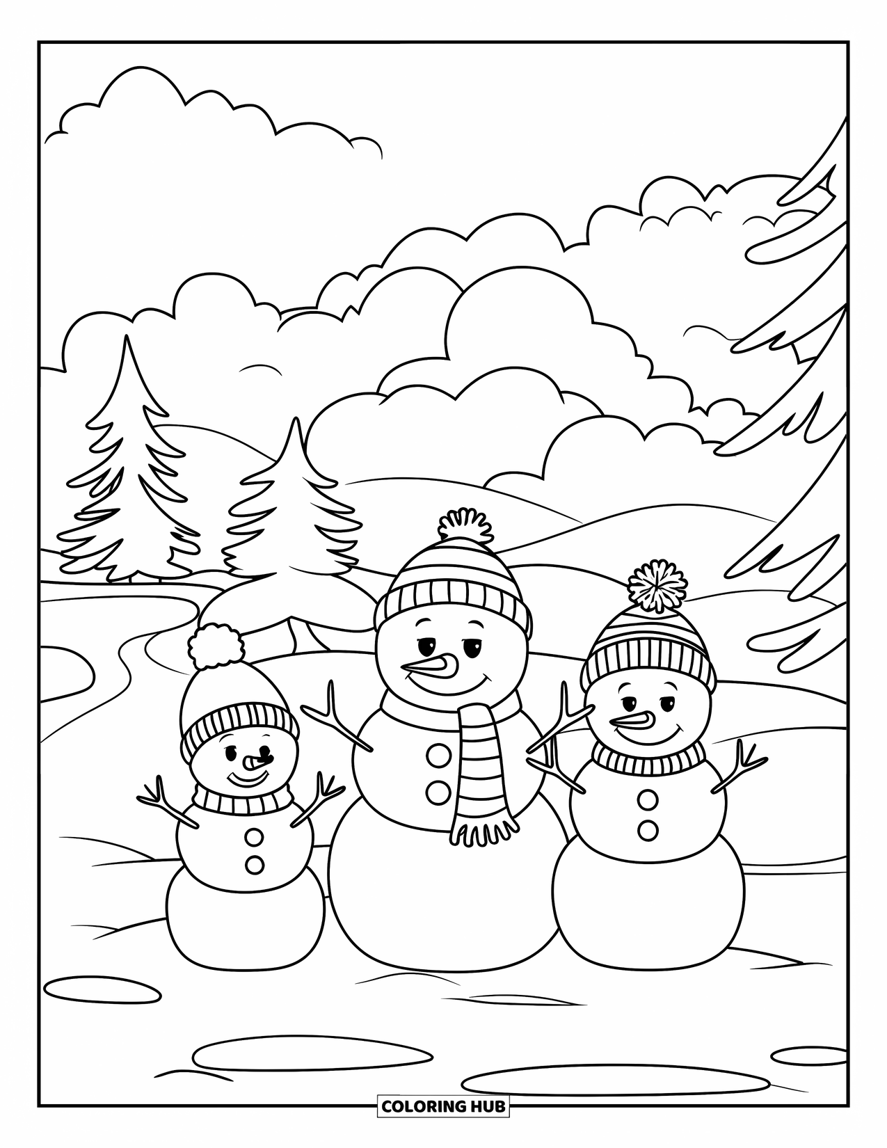 Kolorowanka z bałwanem dla dzieci: Wesołe trio bałwanów w kolorowych szalikach i czapkach stoi na ośnieżonej ścieżce, otoczone drzewami