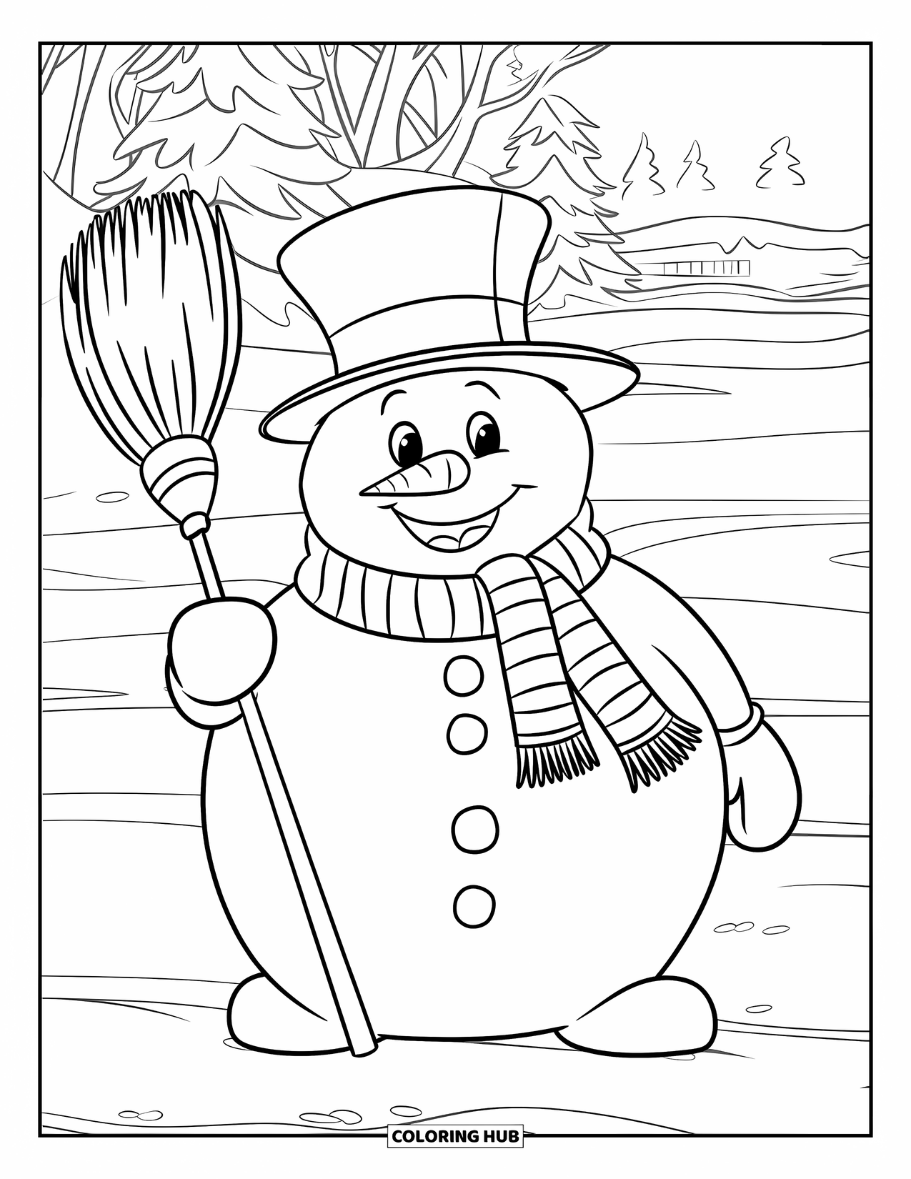 Kolorowanka z bałwanem dla dzieci: Wesoły bałwan w cylindrze i szaliku trzyma miotłę, z ośnieżonymi drzewami i odległym budynkiem w tle