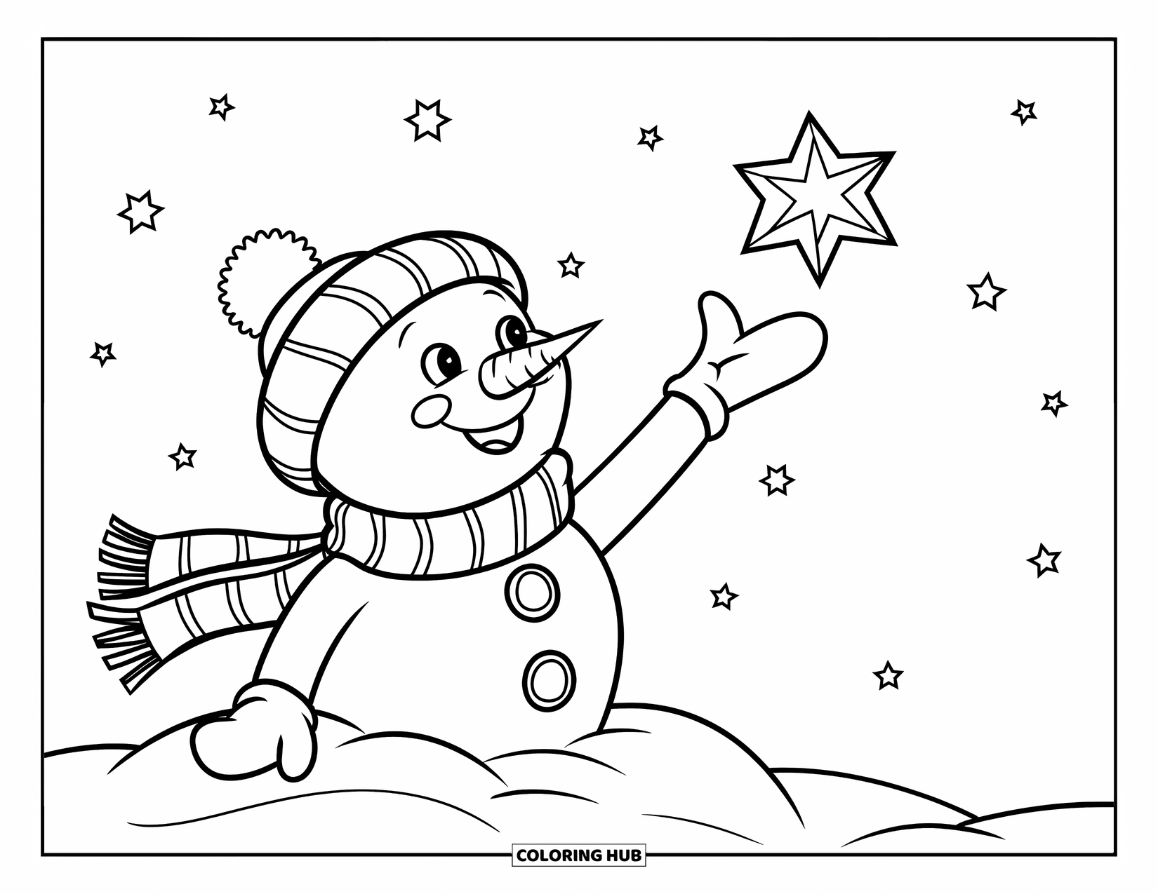 Kolorowanka z bałwanem dla dzieci: Radosny bałwan w szaliku sięga po spadającą gwiazdę na czystym nocnym niebie z rozproszonymi gwiazdami