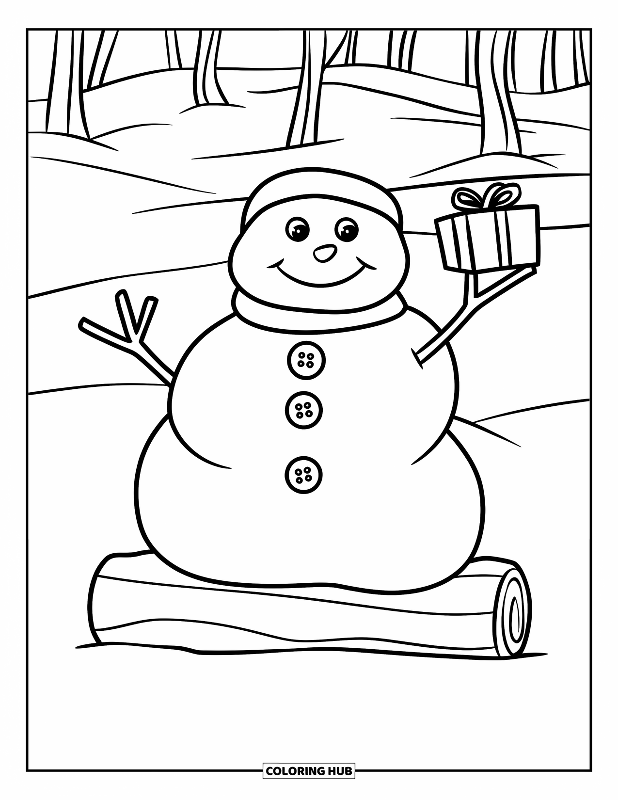 Kolorowanka z bałwanem dla dzieci: Radosny bałwan odpoczywa na kłodzie, trzymając mały zapakowany prezent, otoczony ośnieżonymi drzewami
