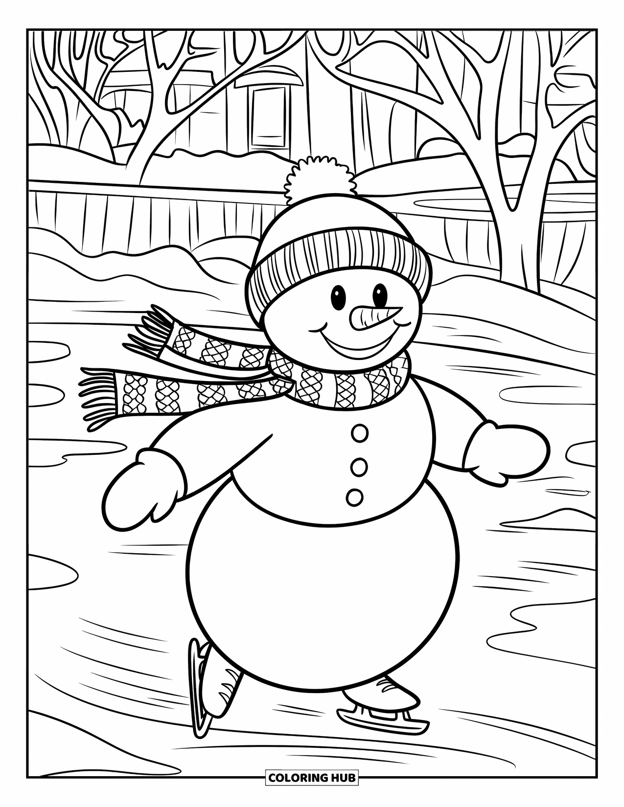 Kolorowanka z bałwanem dla dzieci: Radosny bałwan jeździ na łyżwach po stawie, otoczony nagimi drzewami i przytulnym domkiem w oddali