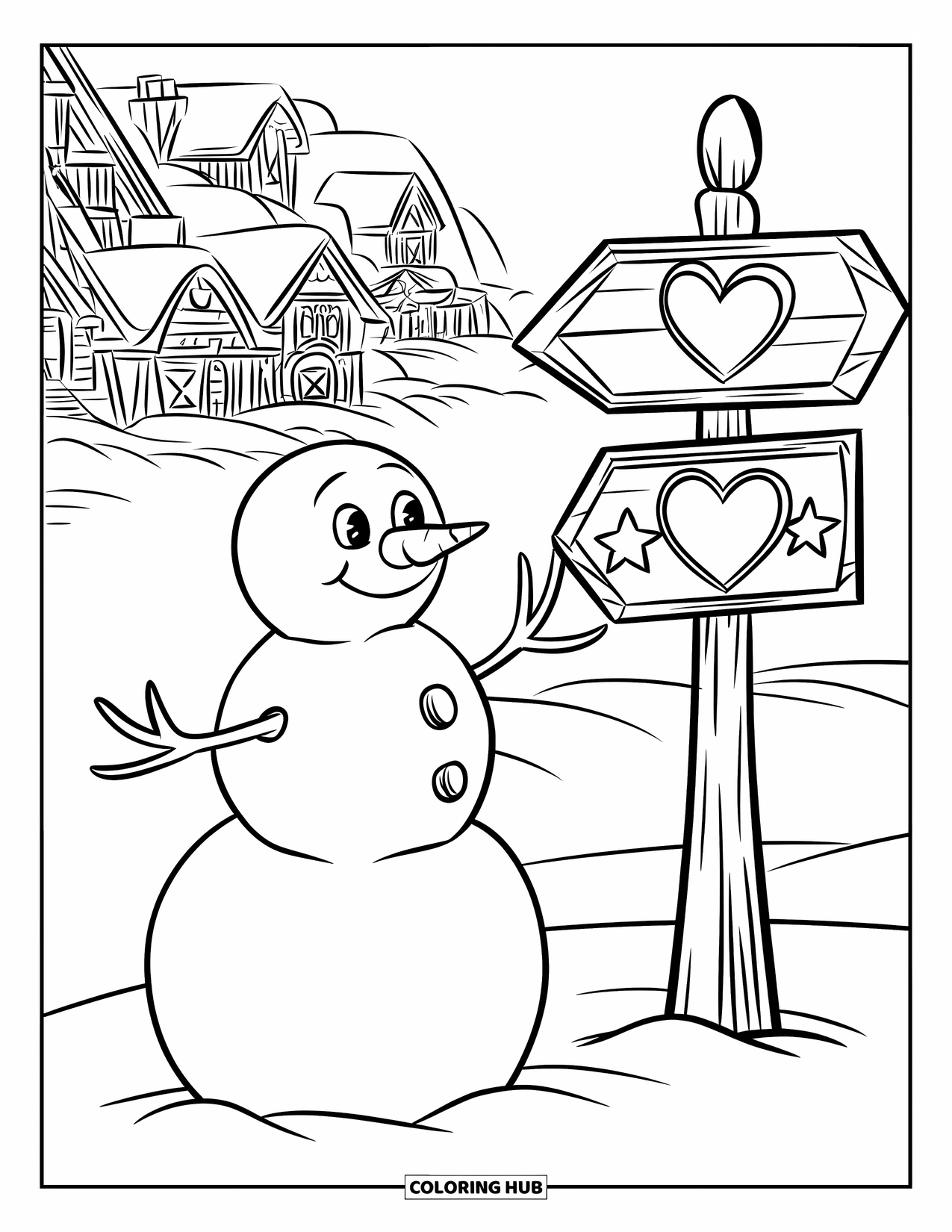 Kolorowanka z bałwanem dla dzieci: Radosny bałwan stoi obok udekorowanego drogowskazu, kierując podróżnych do ośnieżonej wioski