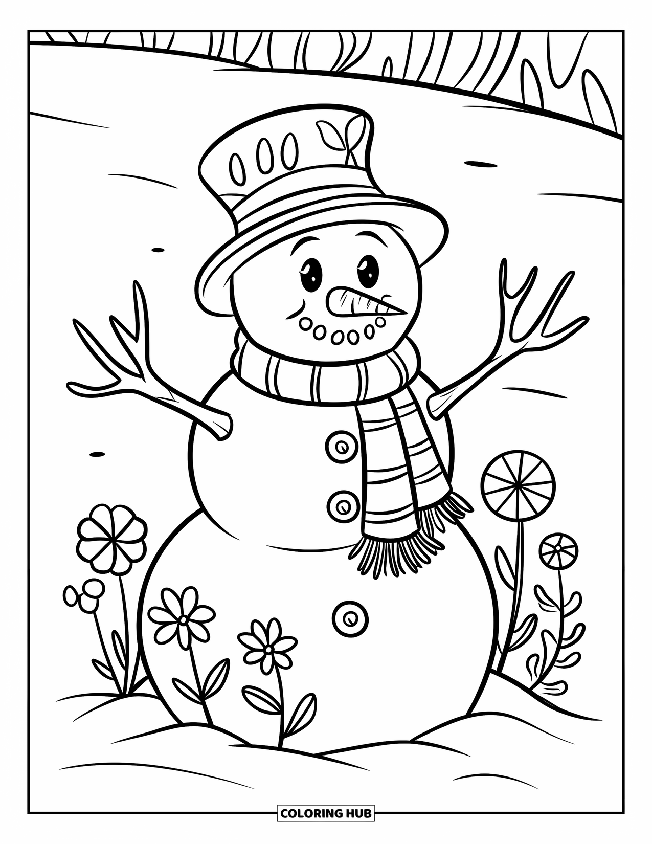 Kolorowanka z bałwanem dla dzieci: Radosny bałwan z ramionami z gałązek i ciepłym szalikiem stoi w śniegu, otoczony drobnymi kwiatkami