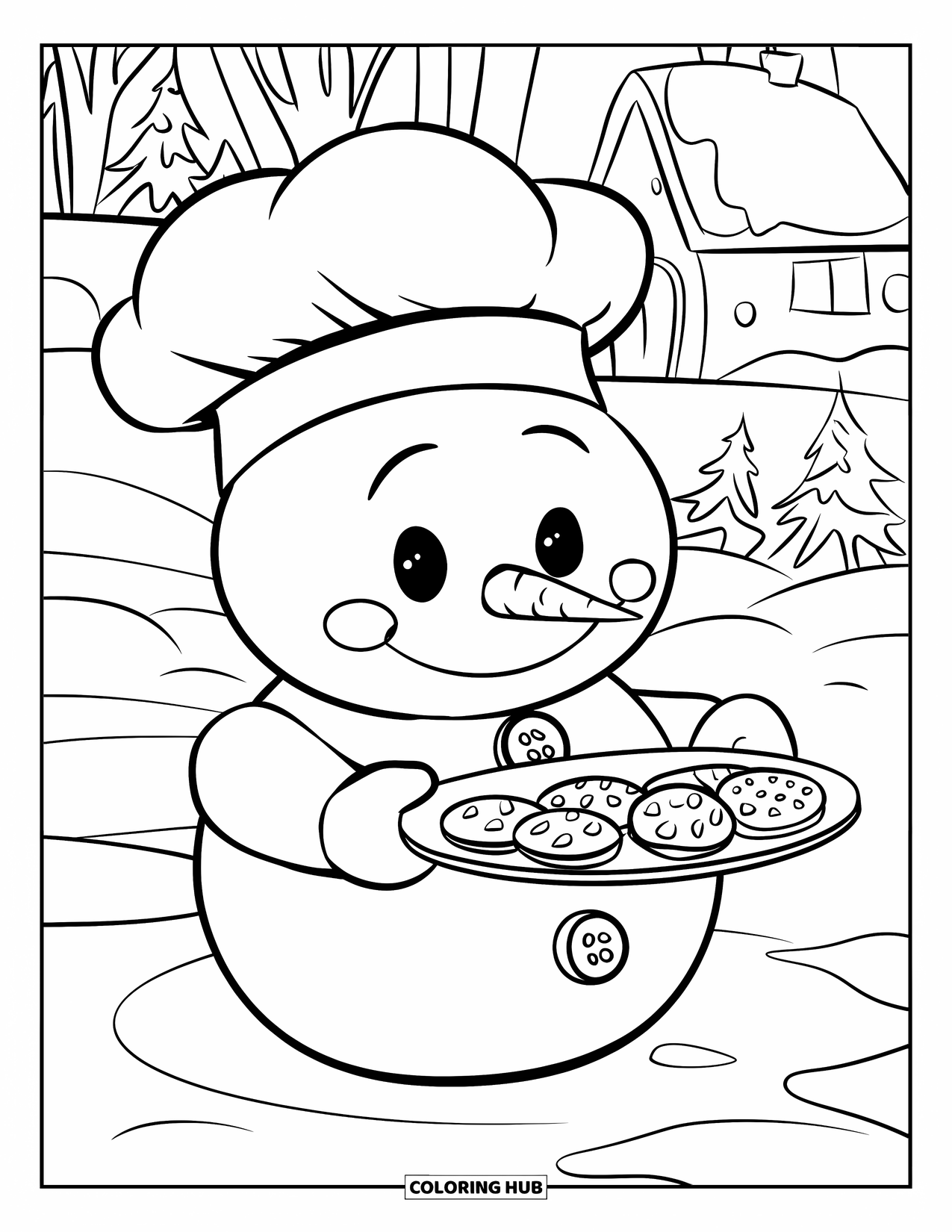 Kolorowanka z bałwanem dla dzieci: Mały bałwan w czapce kucharskiej dumnie trzyma tacę ciasteczek, stojąc w śnieżnym krajobrazie