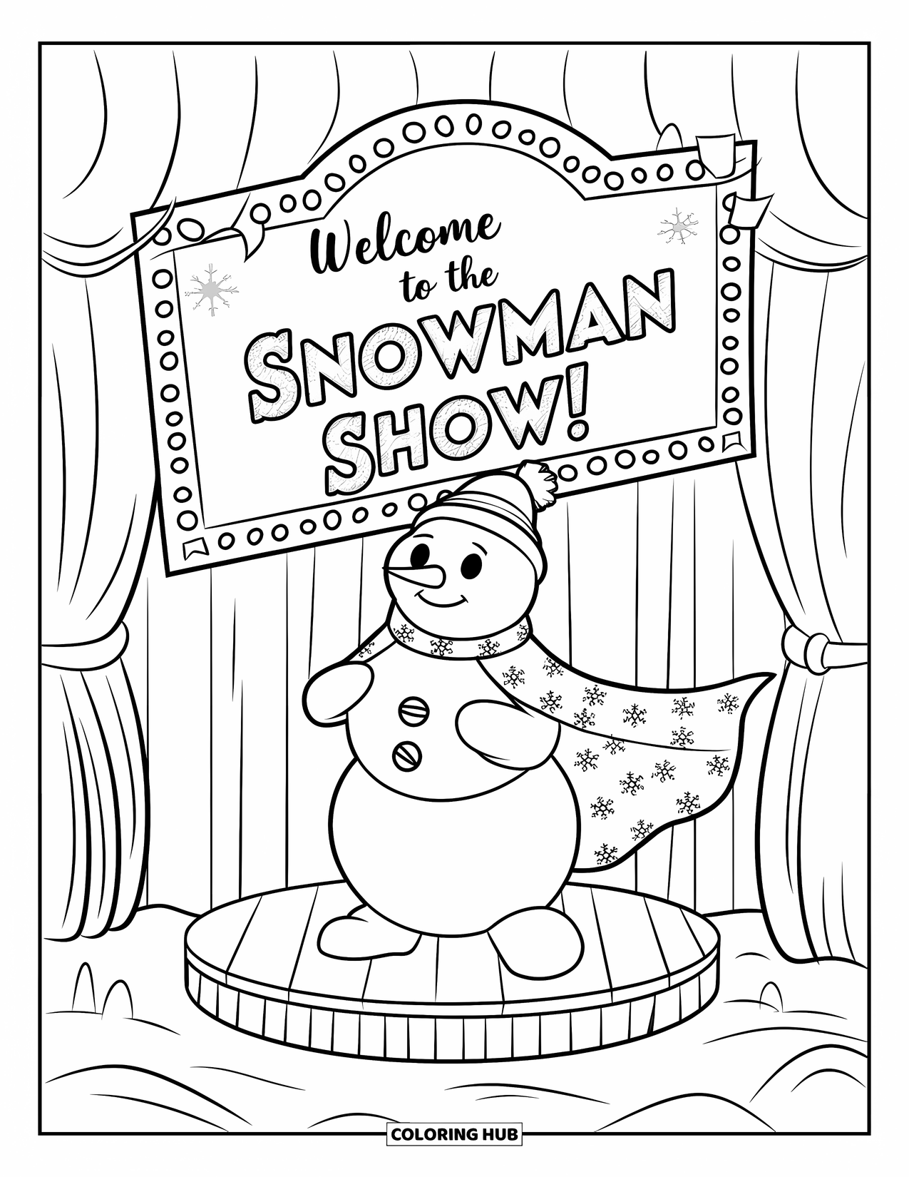 Kolorowanka z bałwanem dla dzieci: Energiczny bałwan występuje na scenie, z świątecznym tłem z napisem "Witamy na przedstawieniu bałwana!"