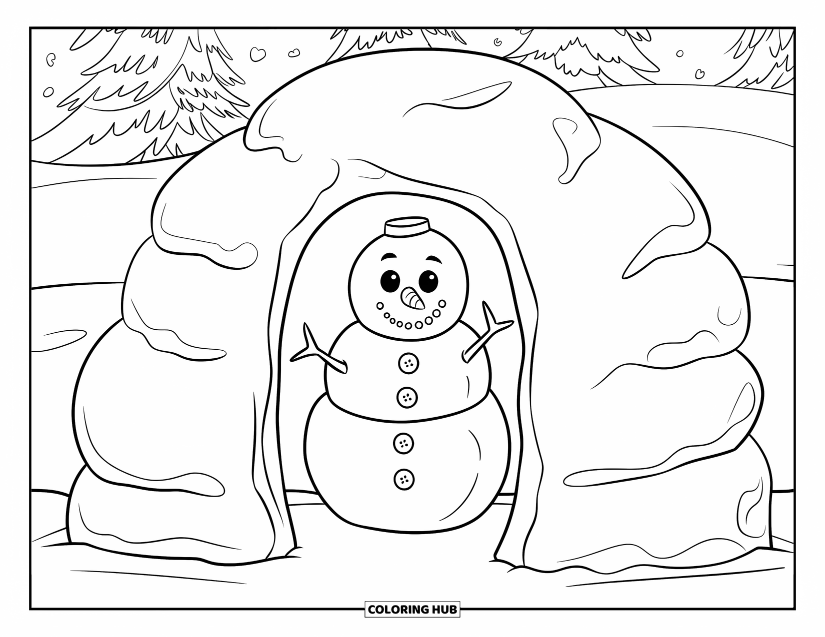 Kolorowanka z bałwanem dla dzieci: Wesoły bałwan w zapinanym płaszczu stoi wewnątrz małego śnieżnego fortu, otoczony okrągłymi śnieżnymi ścianami