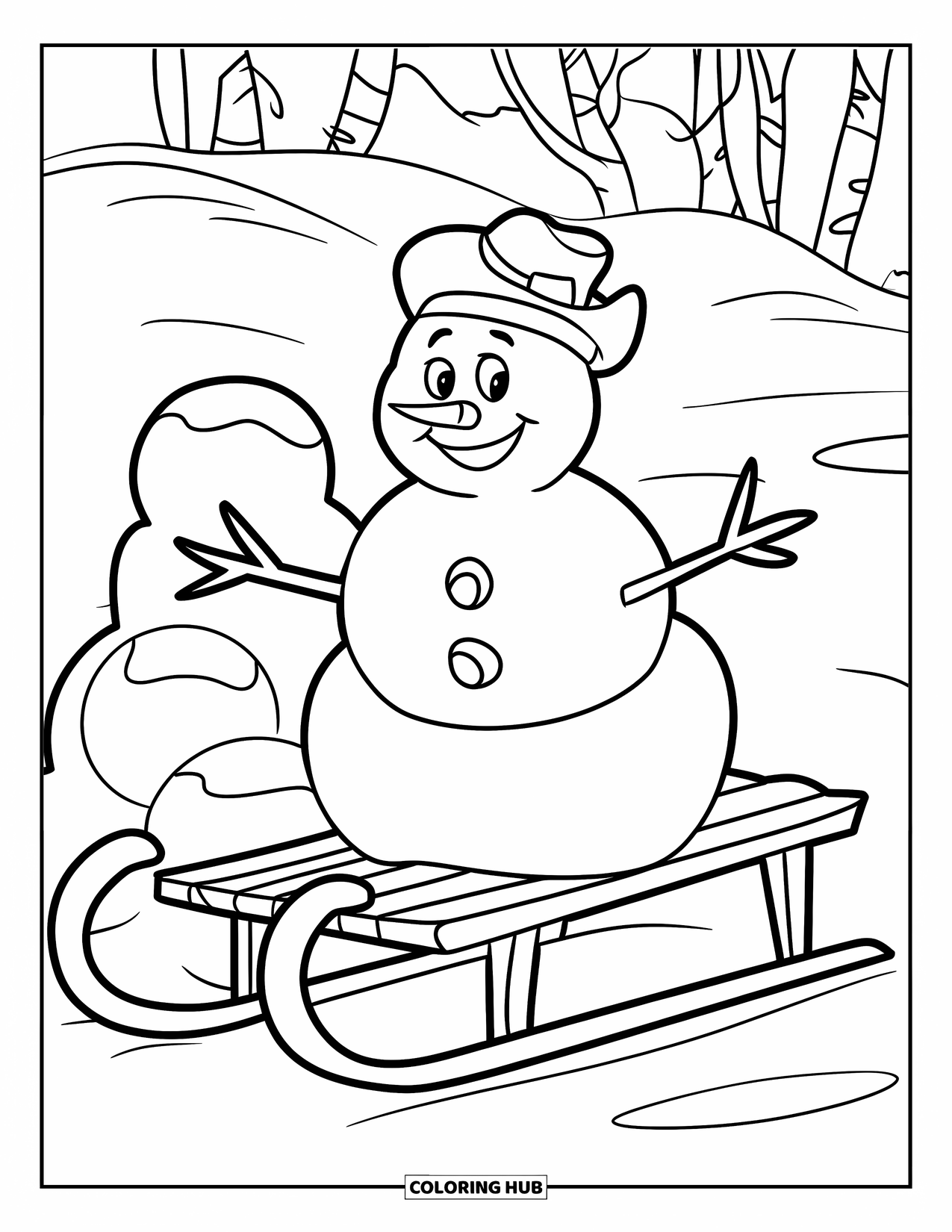 Kolorowanka z bałwanem dla dzieci: Figlarny bałwan siedzi na drewnianych sankach, gotowy do zabawy, z stosem kul śnieżnych obok