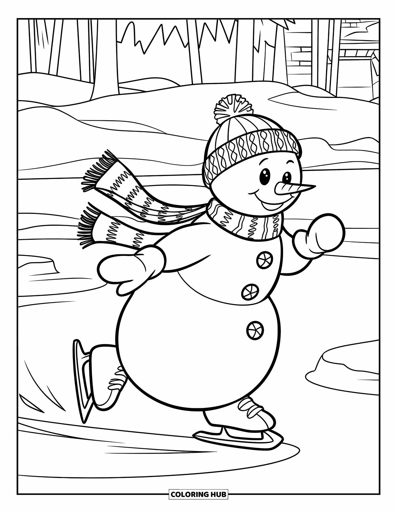 Kolorowanka z bałwanem dla dzieci: Wesoły bałwan jeździ na łyżwach po zamarzniętym stawie, nosząc czapkę i długi szalik ciągnący się za nim