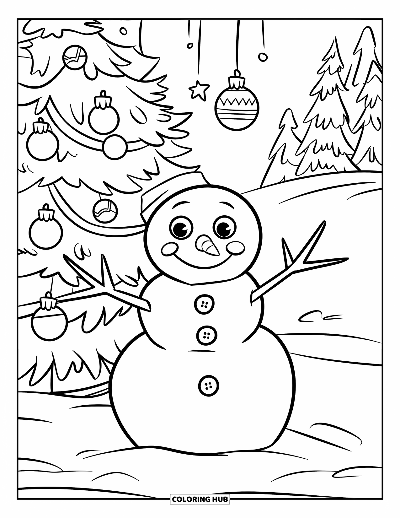 Kolorowanka z bałwanem dla dzieci: Wesoły bałwan z marchewkowym nosem i węglowymi guzikami stoi obok ośnieżonego drzewa z jasną gwiazdą